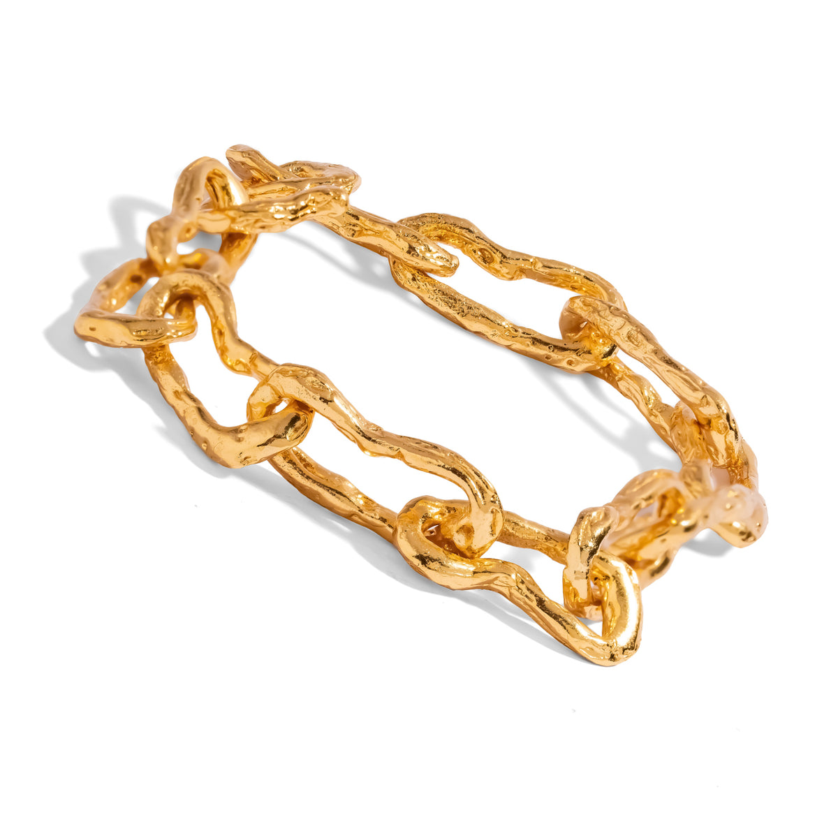 Molten Gold Chunky Link Statement Bracelet at an angle, showing the hand-molded curves of each gold link