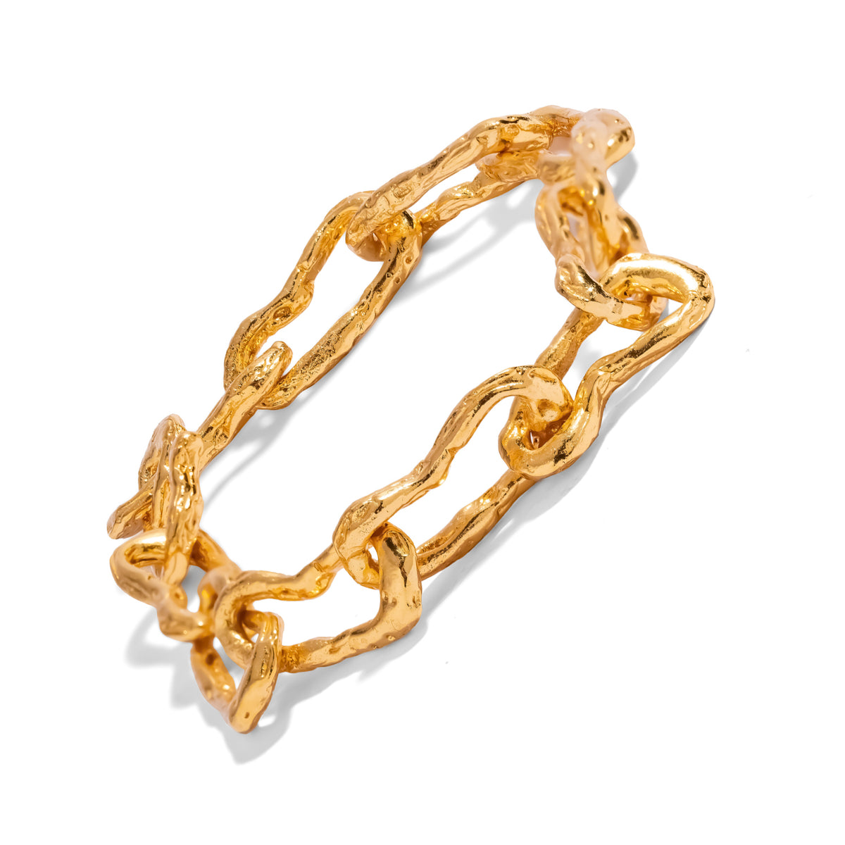 Molten Gold Chunky Link Statement Bracelet from above, irregular 24K gold plated links joined in a loose oval