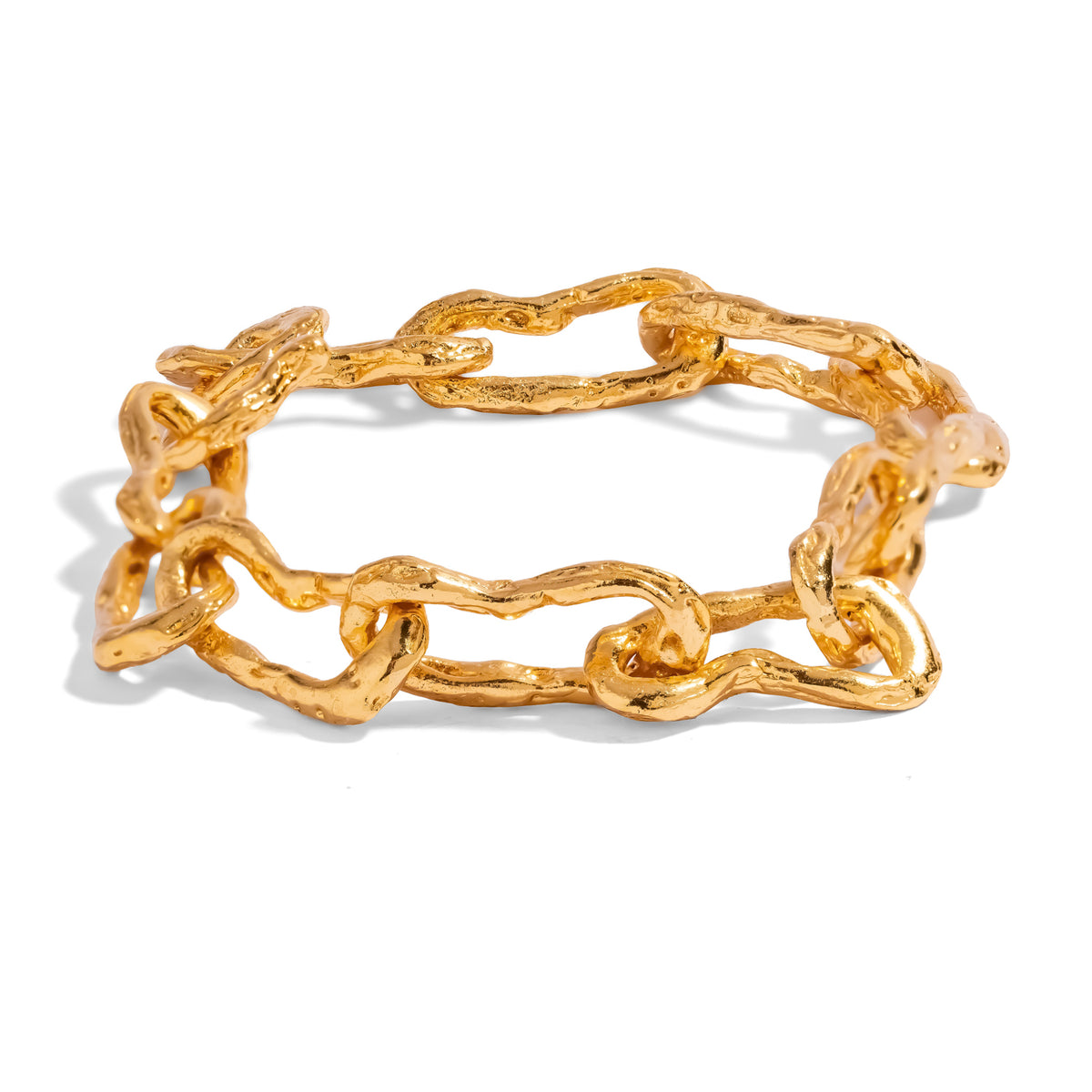 Molten Gold Chunky Link Statement Bracelet on white, oversized irregular gold links with a pitted molten texture