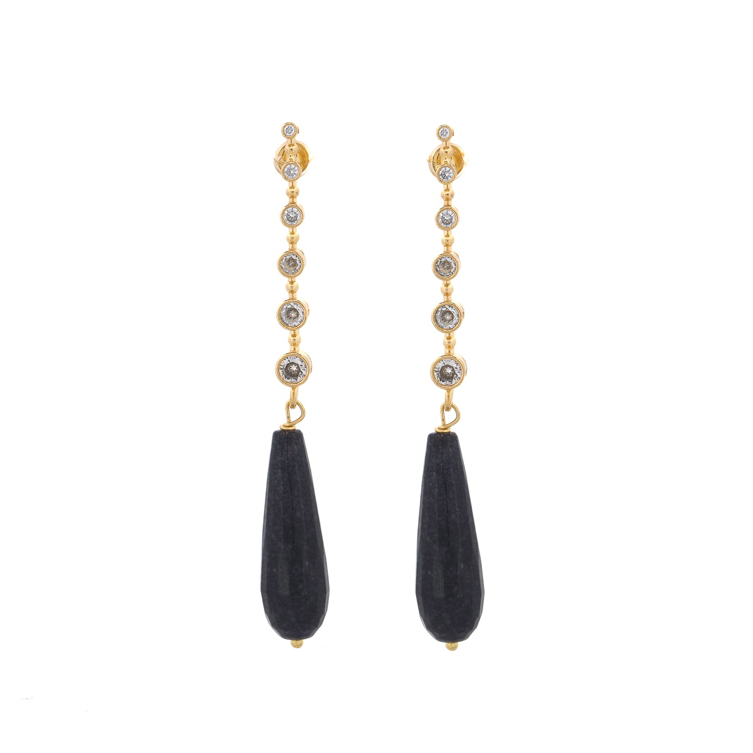 Moonlit Spirit sodalite drop earrings with CZ diamonds and 18K gold-plated setting on white background

