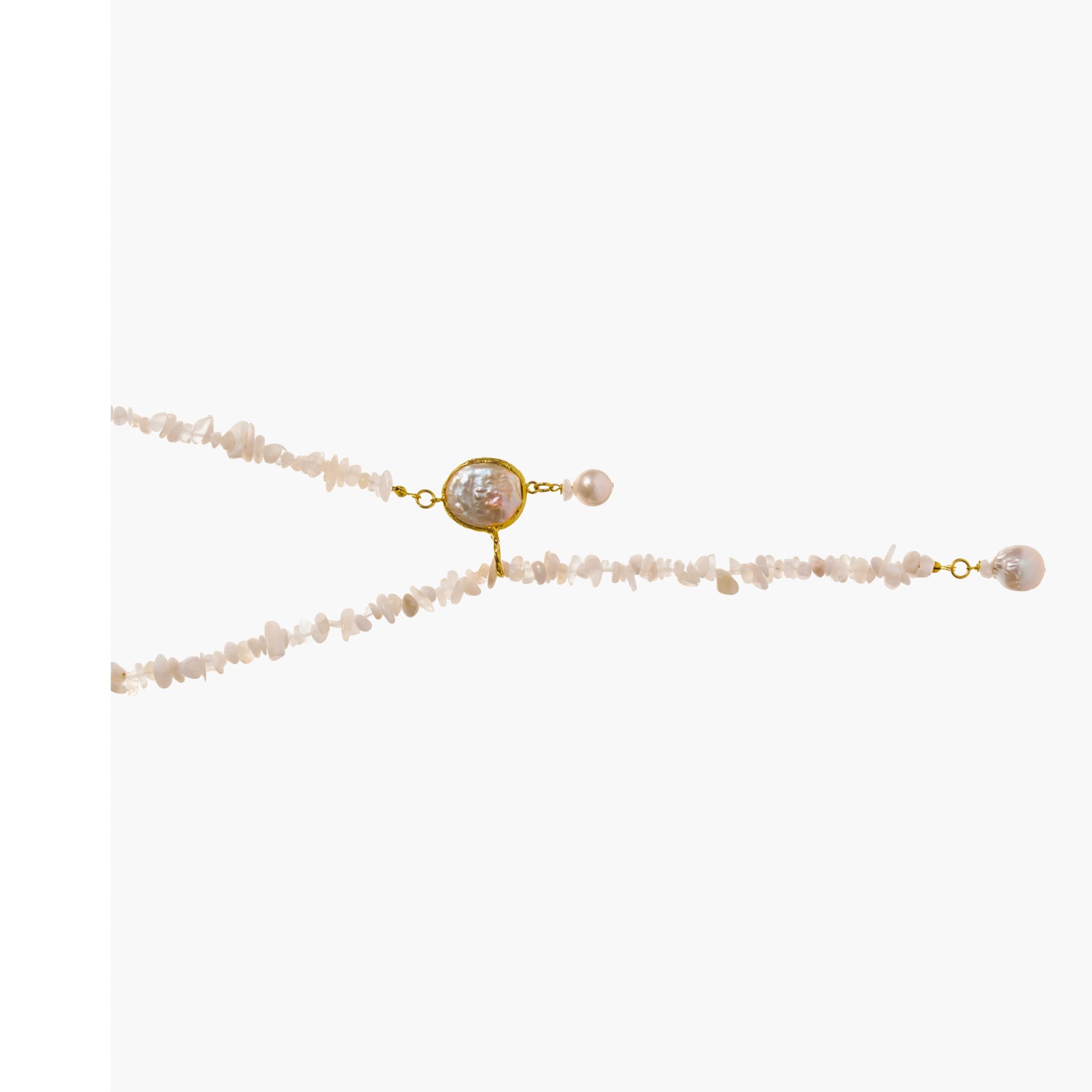Detail of the adjustable pearl slide mechanism on the moonstone quartz beaded lariat necklace, showing how the strand splits into a Y shape