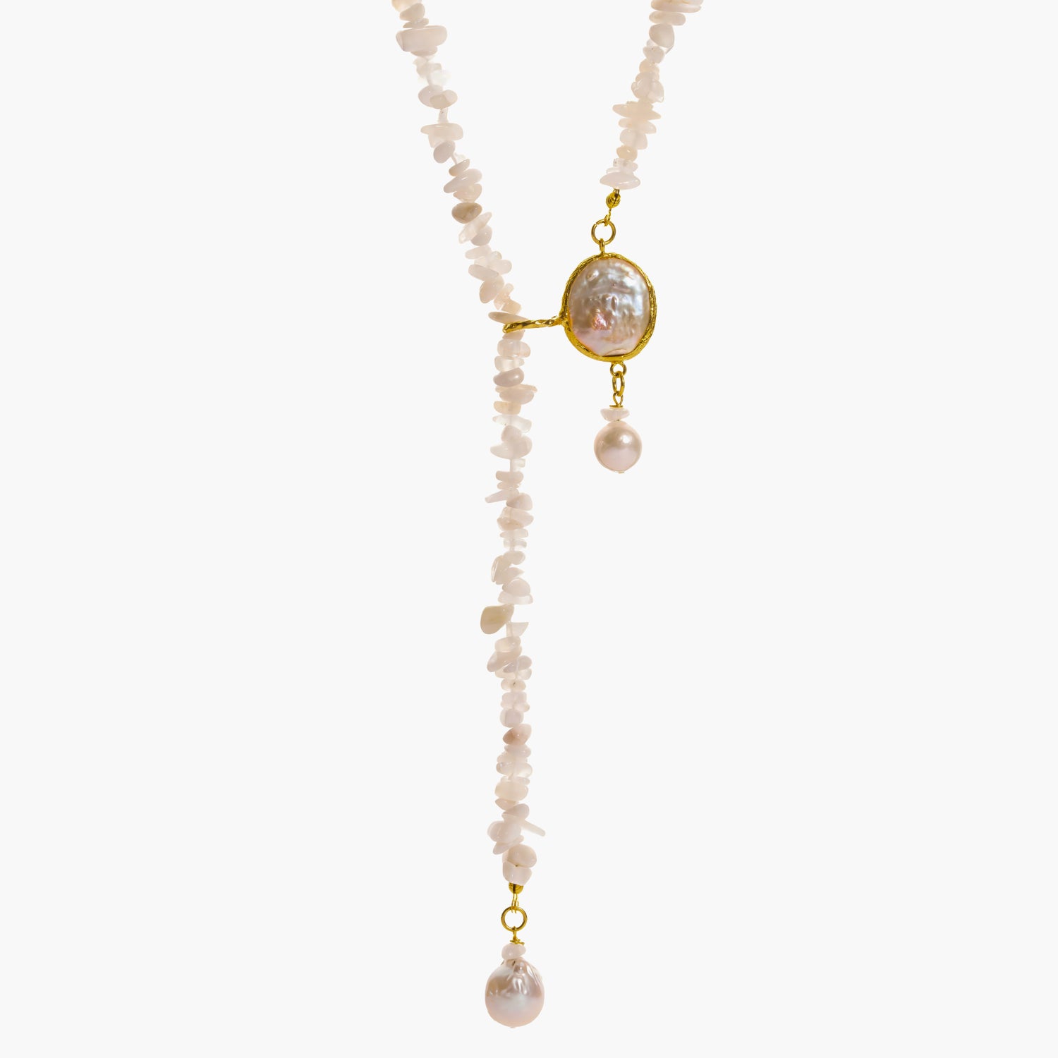 Close-up of the 18K gold plated baroque pearl centerpiece on the one of a kind moonstone quartz adjustable necklace