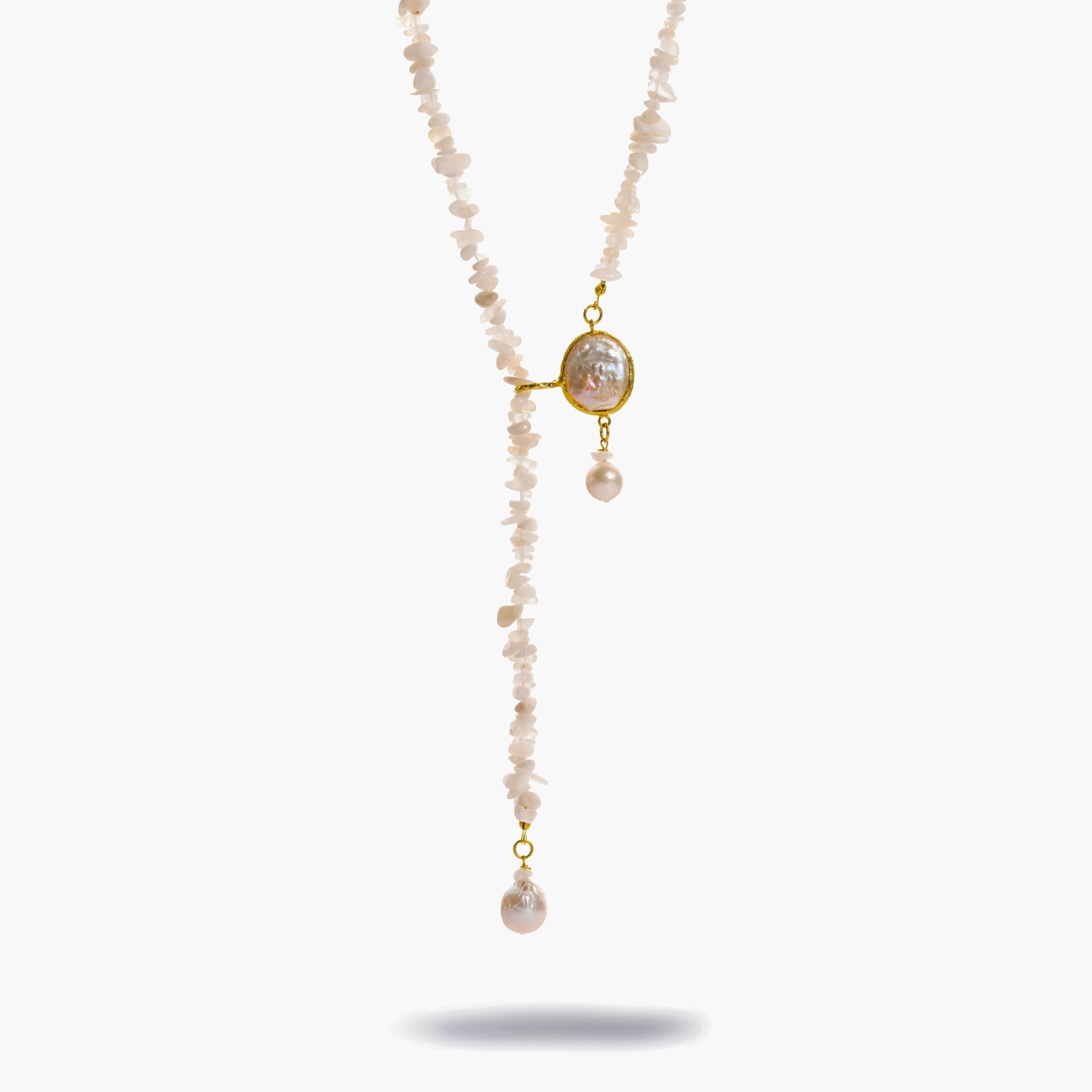 Handmade moonstone and quartz beaded lariat necklace with an 18K gold plated baroque pearl slide, one of a kind adjustable design