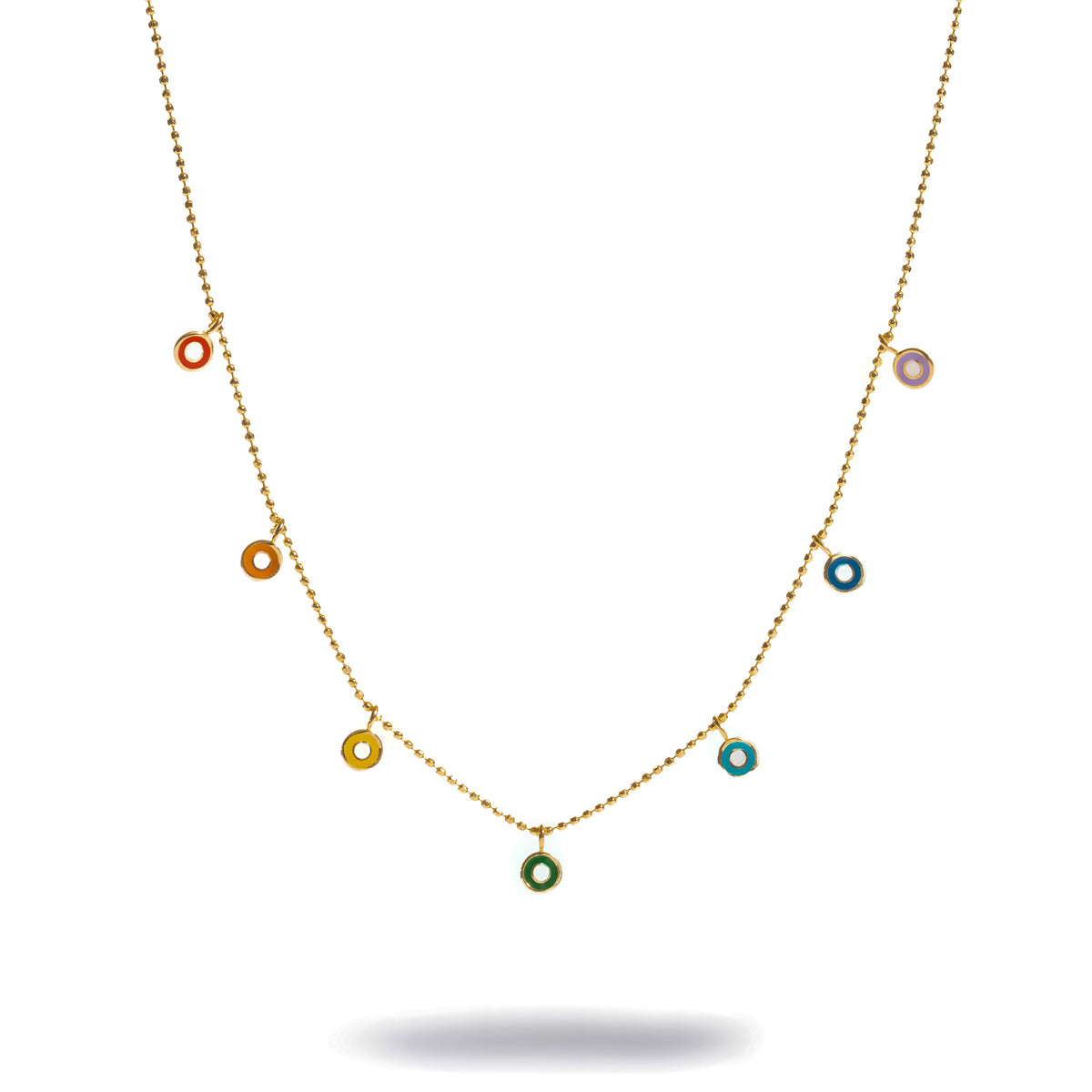 Multicolor Enamel Evil Eye Charm Gold Necklace, front view of seven rainbow enamel charms on a fine gold bead chain