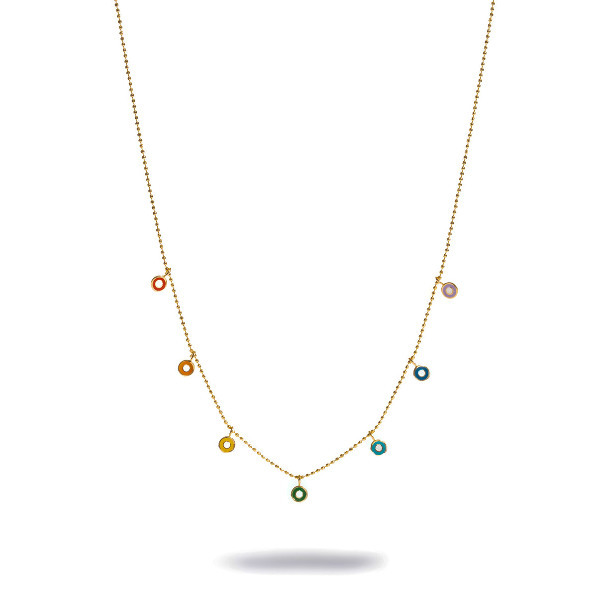 Multicolor Enamel Evil Eye Charm Gold Necklace shown full length on white