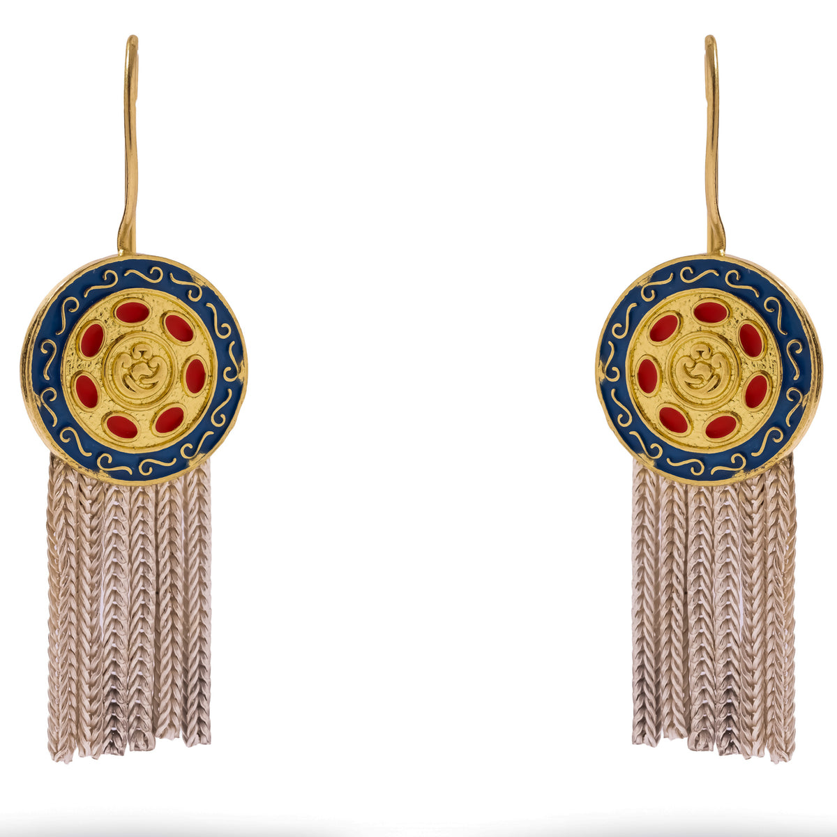Close studio view of the Mystic Bloom earrings showing the gold scrollwork on the cobalt enamel and the woven silver chain tassel