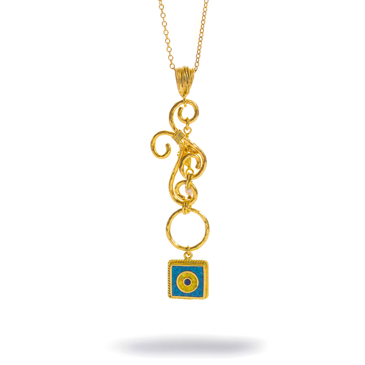Mystic Evil Eye Turquoise Mosaic Long Gold Pendant Necklace, front view of the golden swirls, pearl, ring and square turquoise evil eye