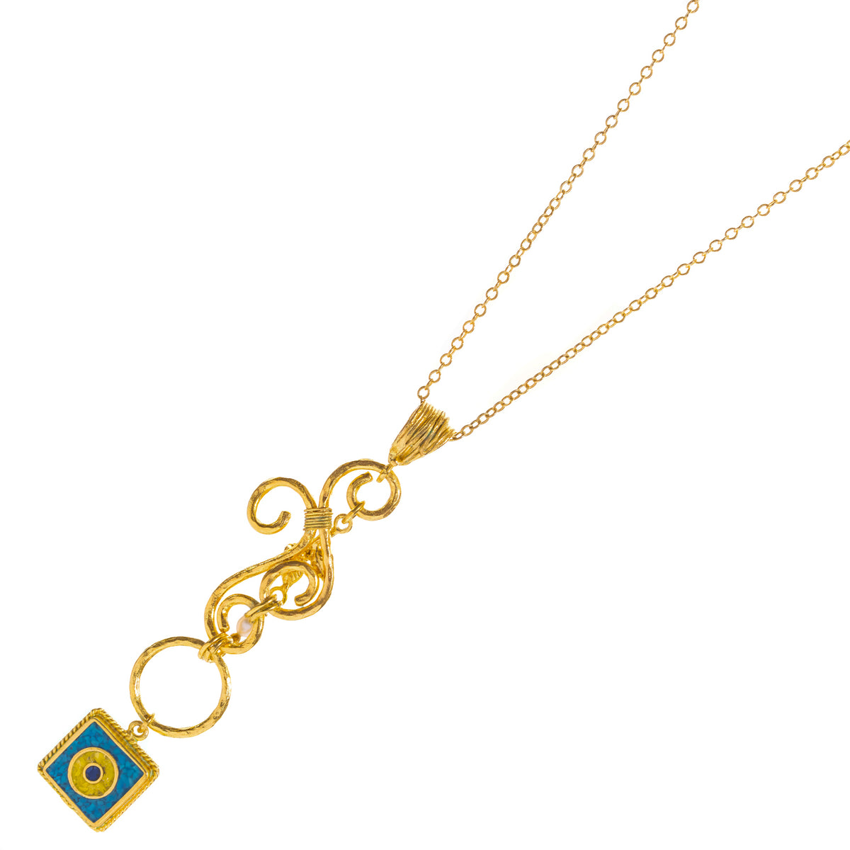 Turquoise mosaic evil eye pendant at an angle, showing the sculptural gold swirls and dangling pearl