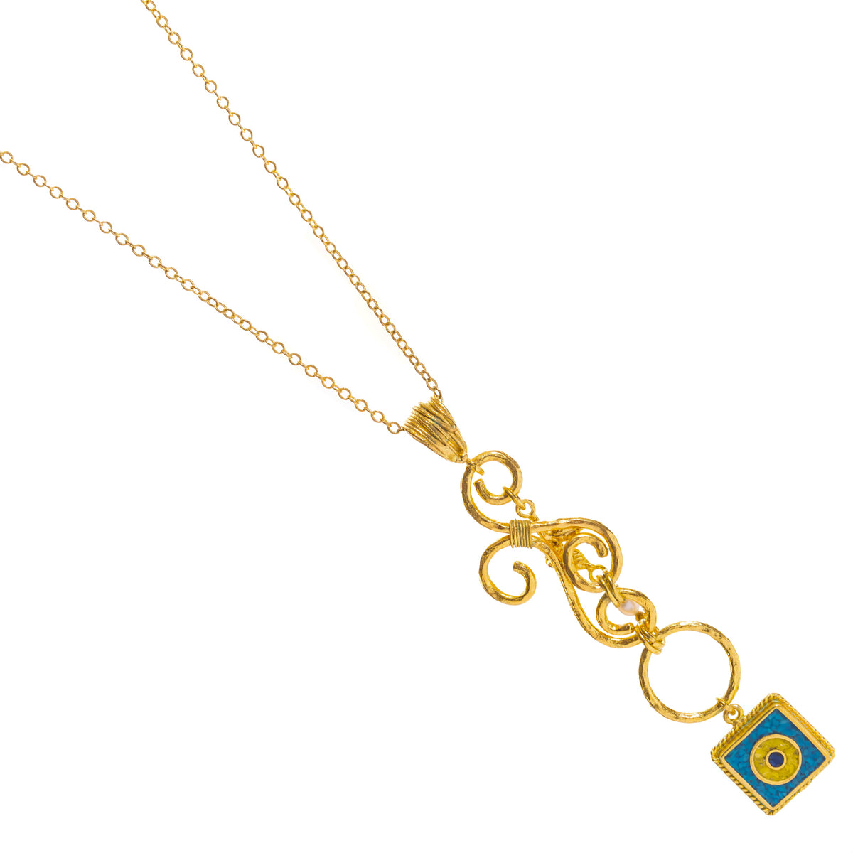 Mystic Evil Eye Turquoise Mosaic Long Gold Pendant Necklace at an angle on white