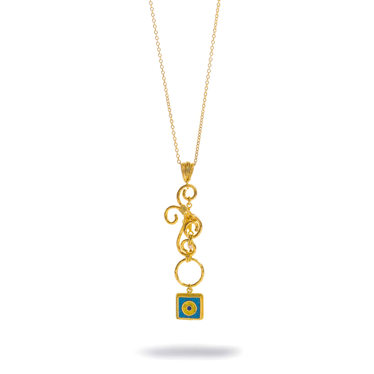 Mystic Evil Eye long gold pendant necklace shown full length on its fine gold chain