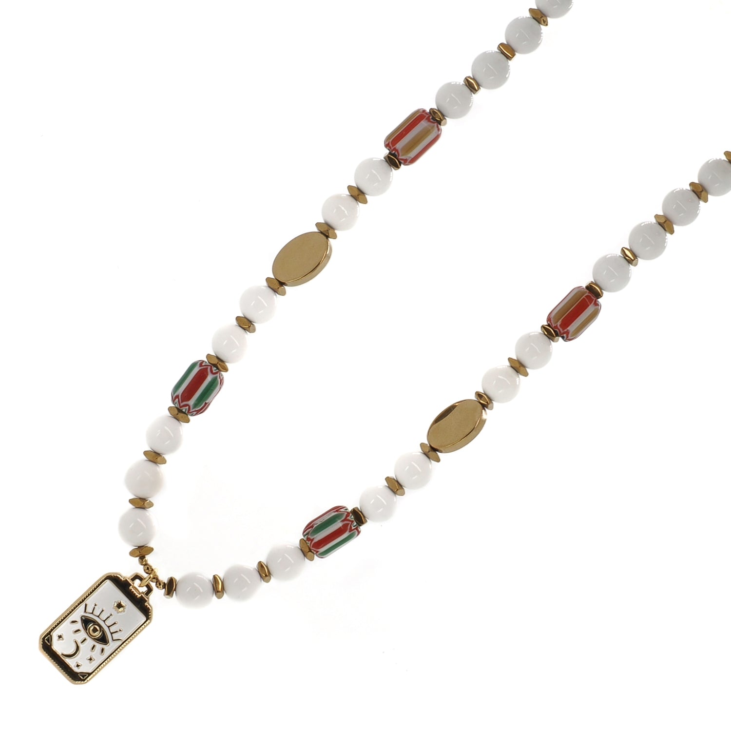 Close view of white enamel evil eye tarot pendant on a jade beaded choker
