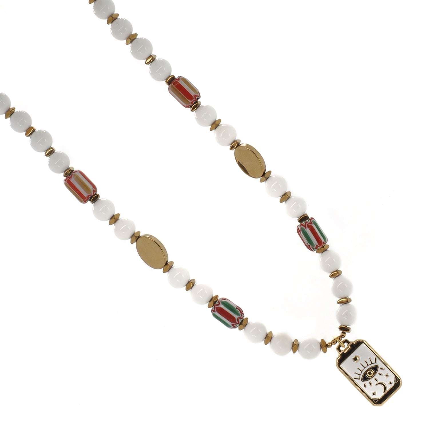 White jade choker with evil eye tarot card pendant and gold hematite spacers
