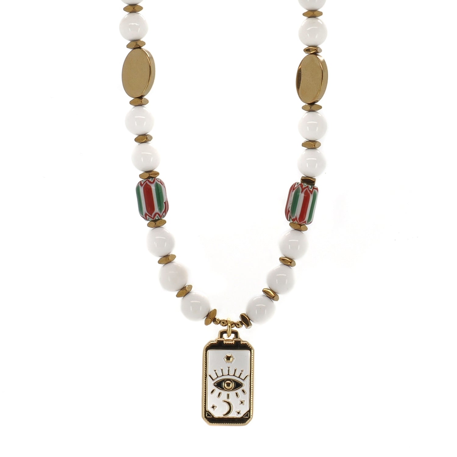 Handmade evil eye tarot card pendant necklace with white jade and African beads