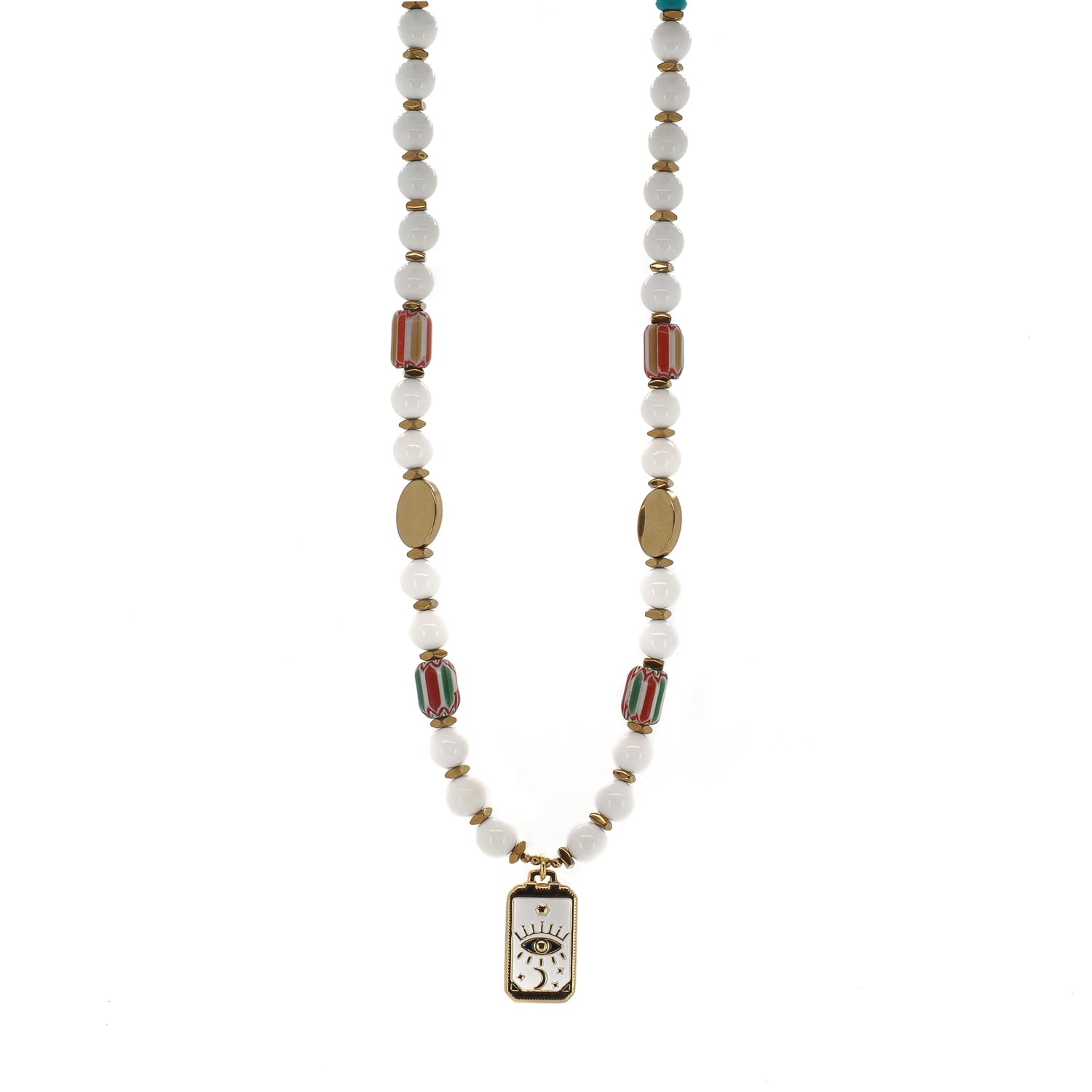 Mystic eye tarot white jade talisman choker necklace with African trade beads