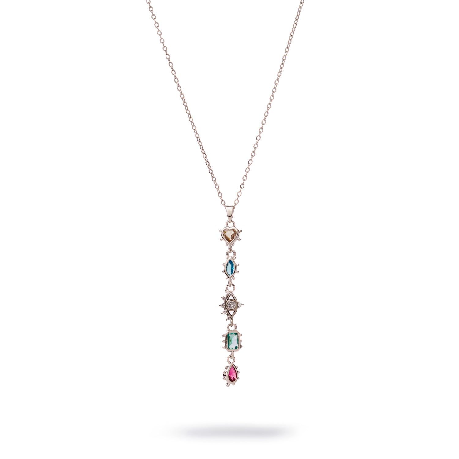 Silver Y-drop necklace with heart and evil eye charms featuring multicolor gemstones on a delicate stainless steel chain.