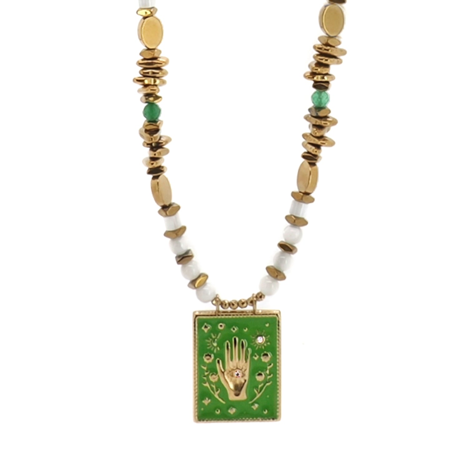 Close-up of Hamsa hand pendant with green enamel and crystal accent on beaded necklace