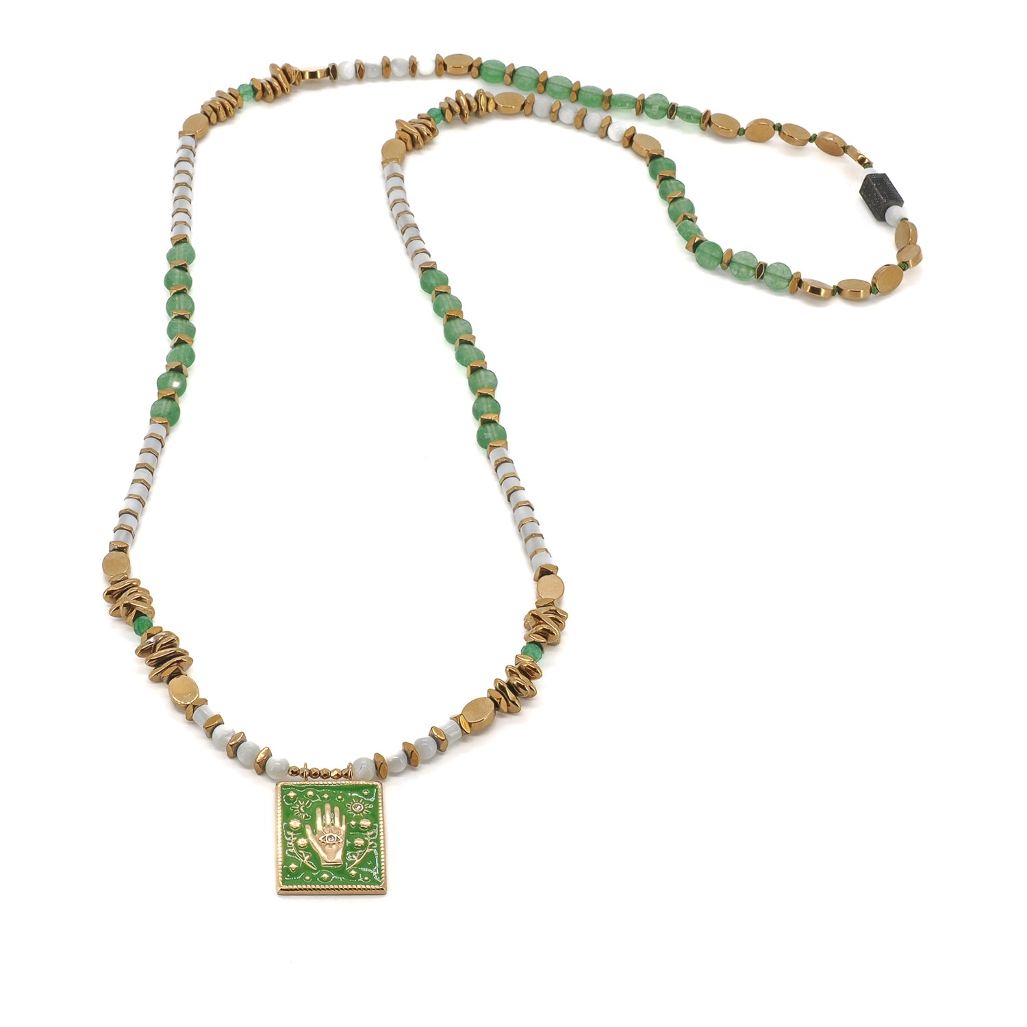 Mystic Hand talisman long beaded necklace with green quartz, pearl beads, and Hamsa pendant by Ebru Jewelry