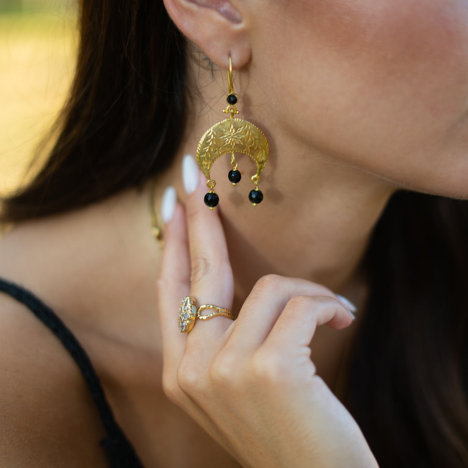 Mystic Moon Onyx Dangle Gold Earrings