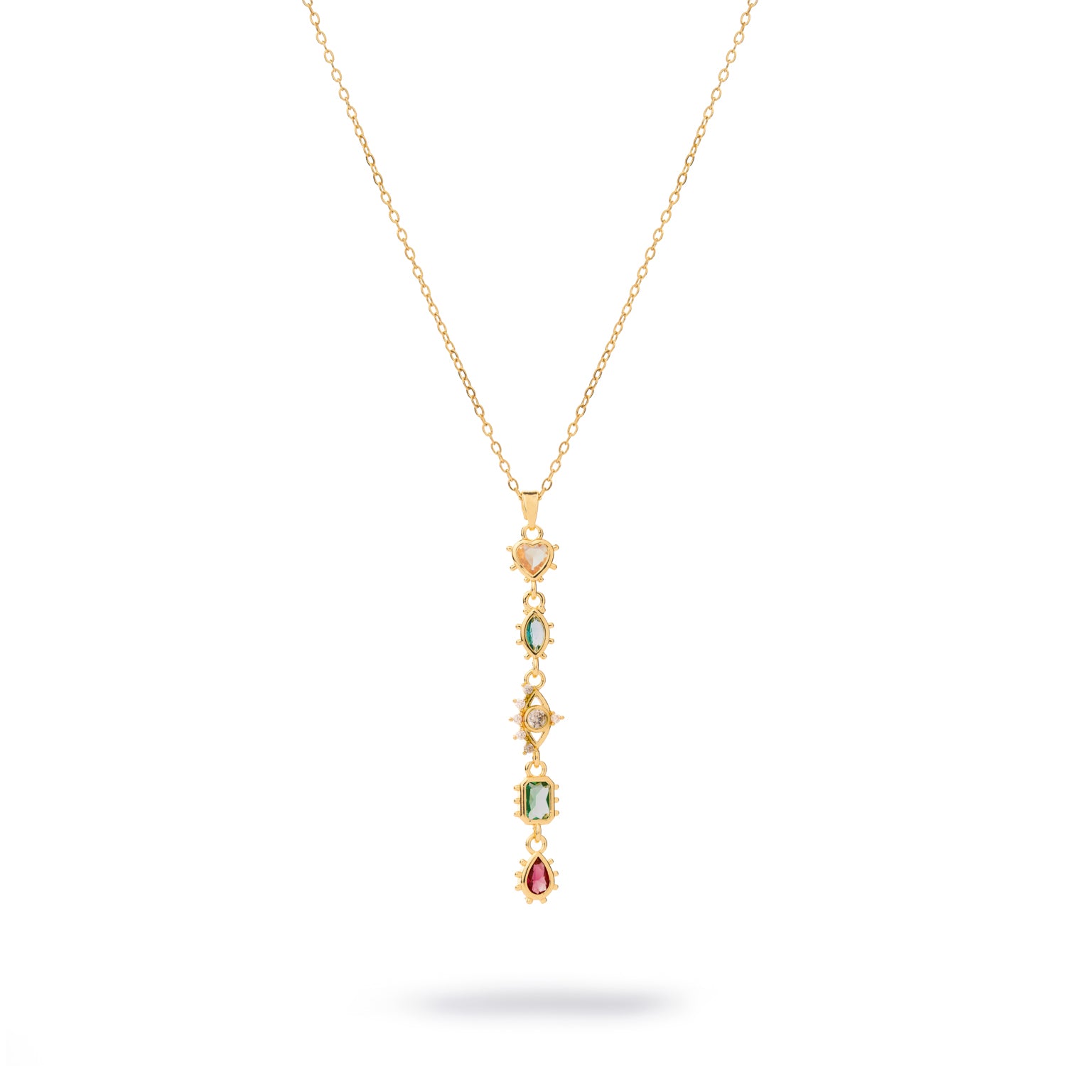 Gold Y-drop necklace with heart and evil eye charms accented with multicolor gemstones on an 18k gold-plated stainless steel chain.
​