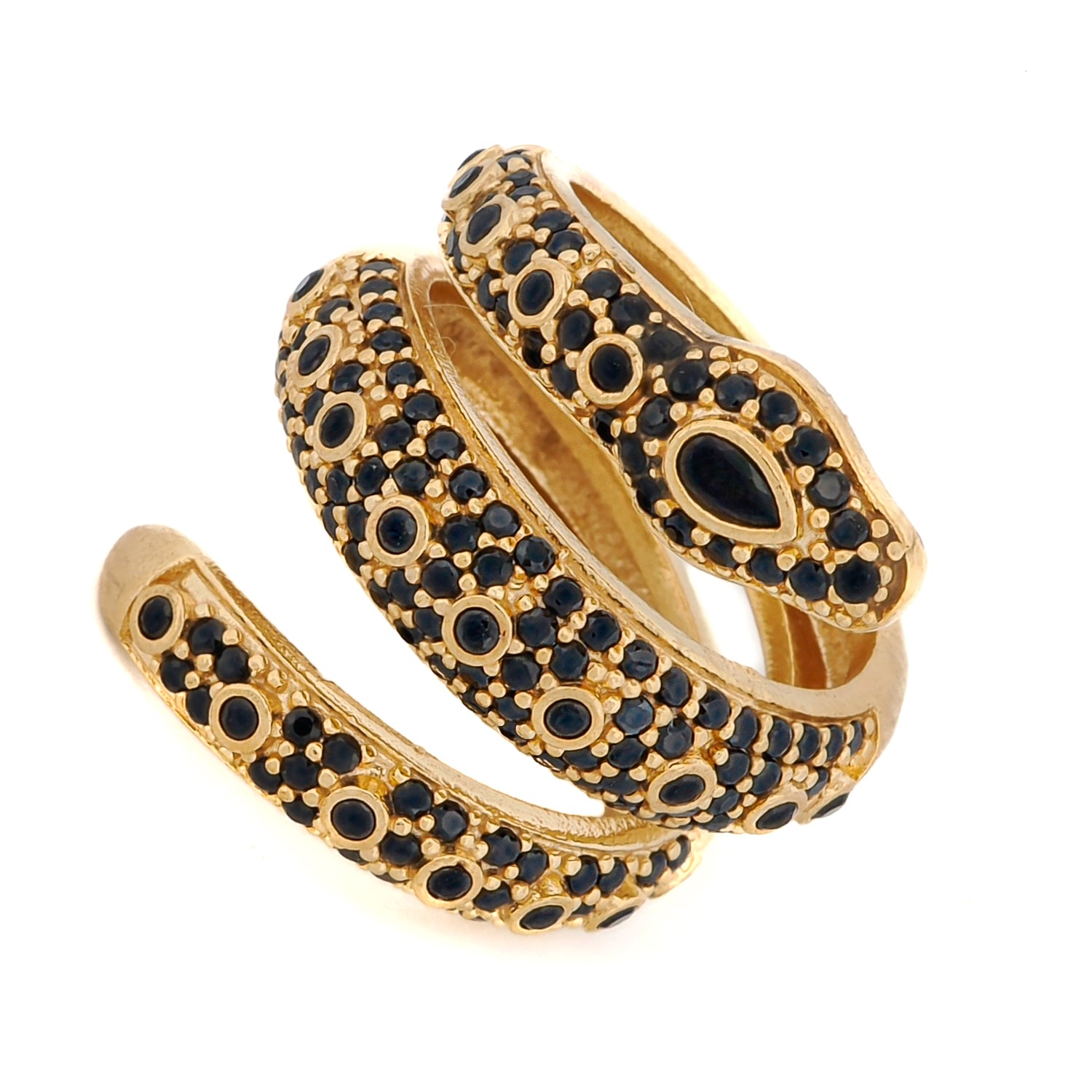 Adjustable gold snake ring with black onyx stones and three elegant wraps symbolizing transformation.
