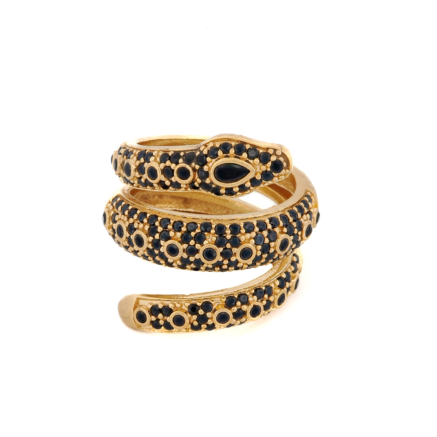 Triple wrap snake ring crafted in brass with 24K gold plating and black onyx stones for elegance and symbolism.
