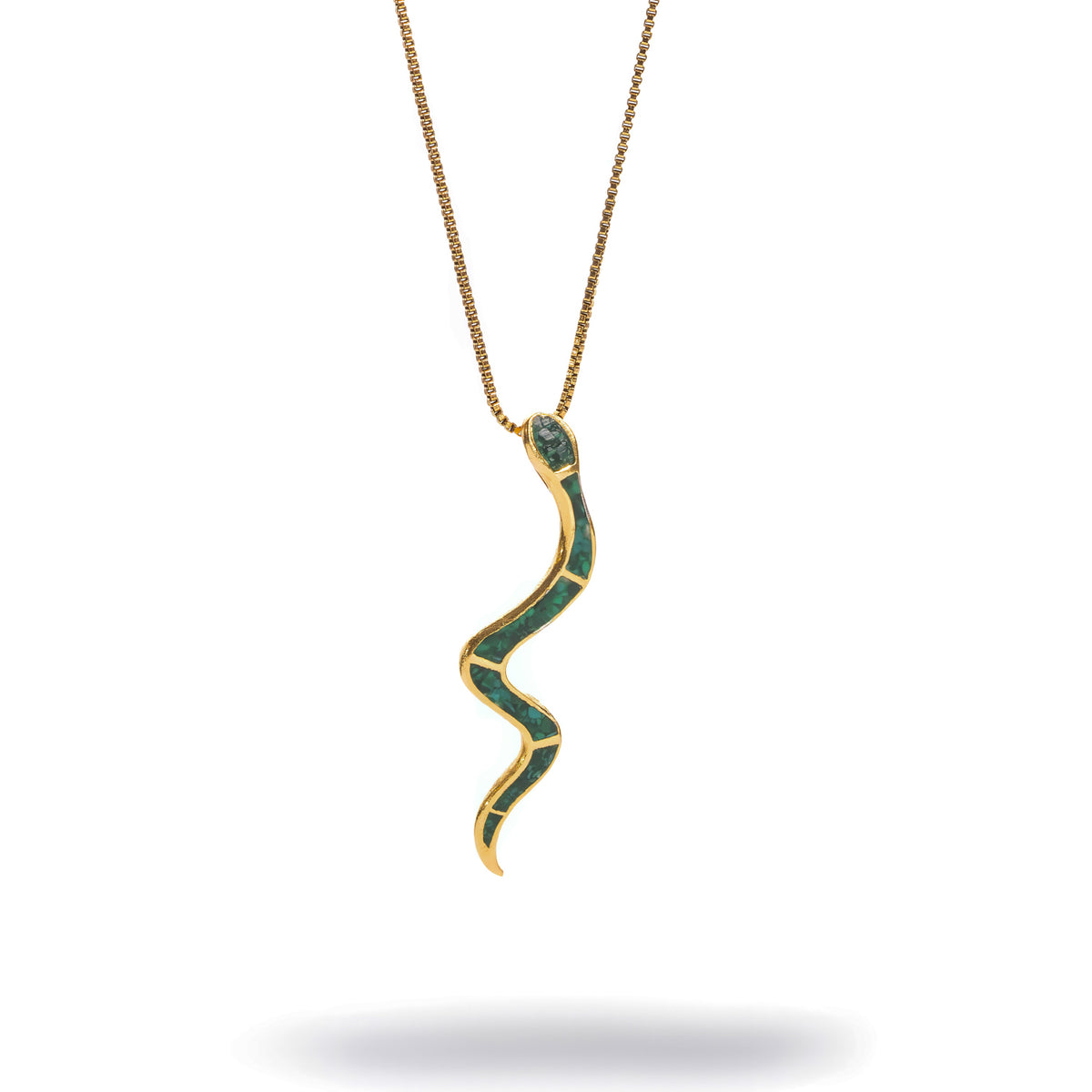 Mystic Serpent Malachite Gold Pendant Necklace, slender S-curved gold snake with green malachite inlay on a box chain