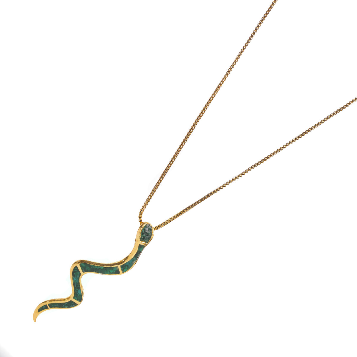 Malachite inlay gold serpent pendant, angled view showing the gold ribs dividing the green segments