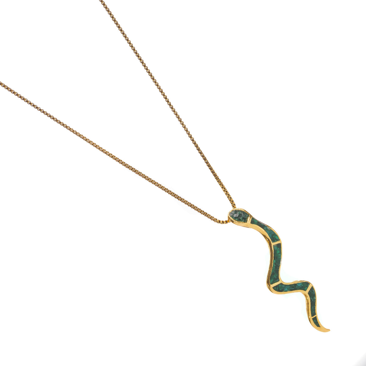 Side view of the slender gold snake pendant with malachite inlay on a fine box chain