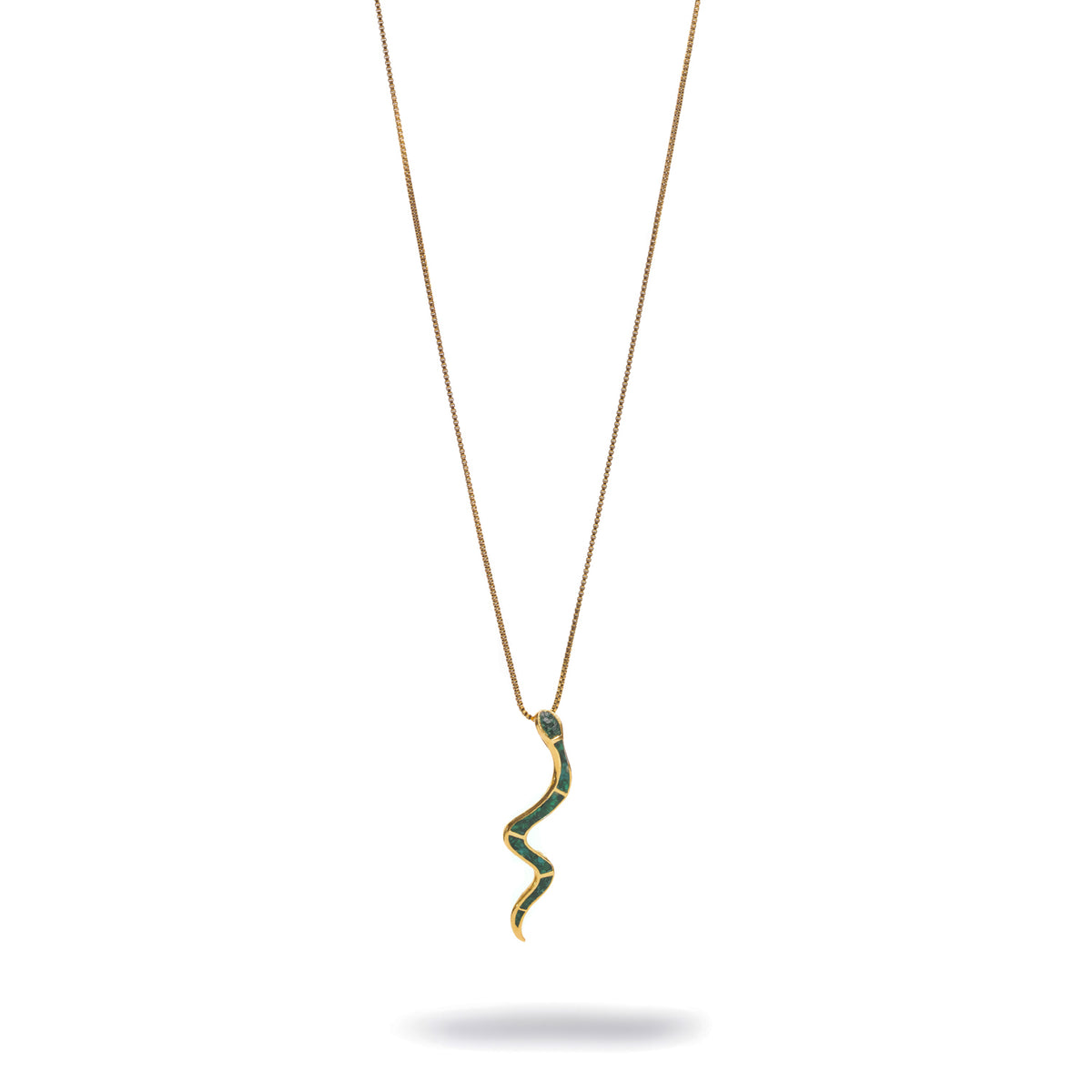 Mystic Serpent Malachite Gold Pendant Necklace shown at full chain length on white