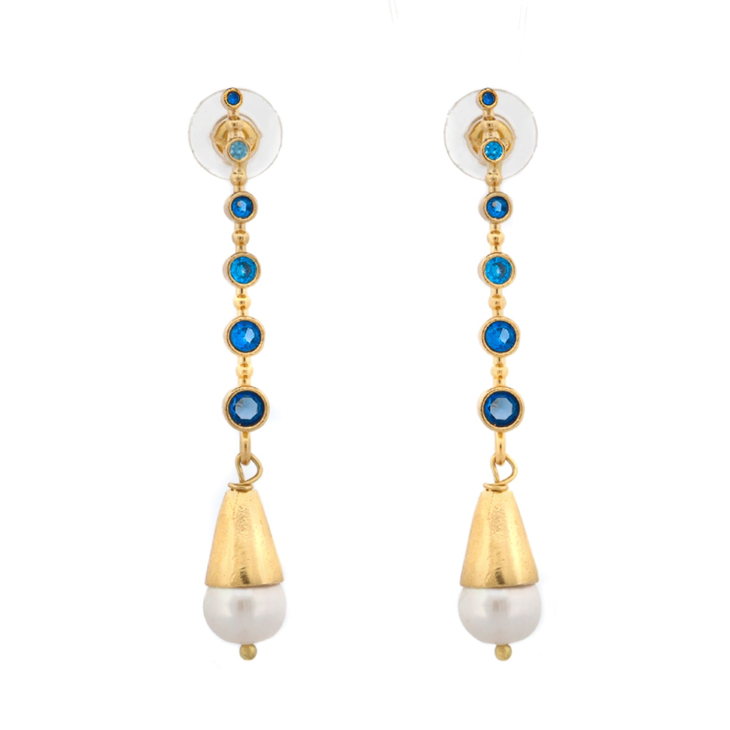 Mystic Sky blue topaz and pearl drop earrings with 18K gold-plated finish on white background

