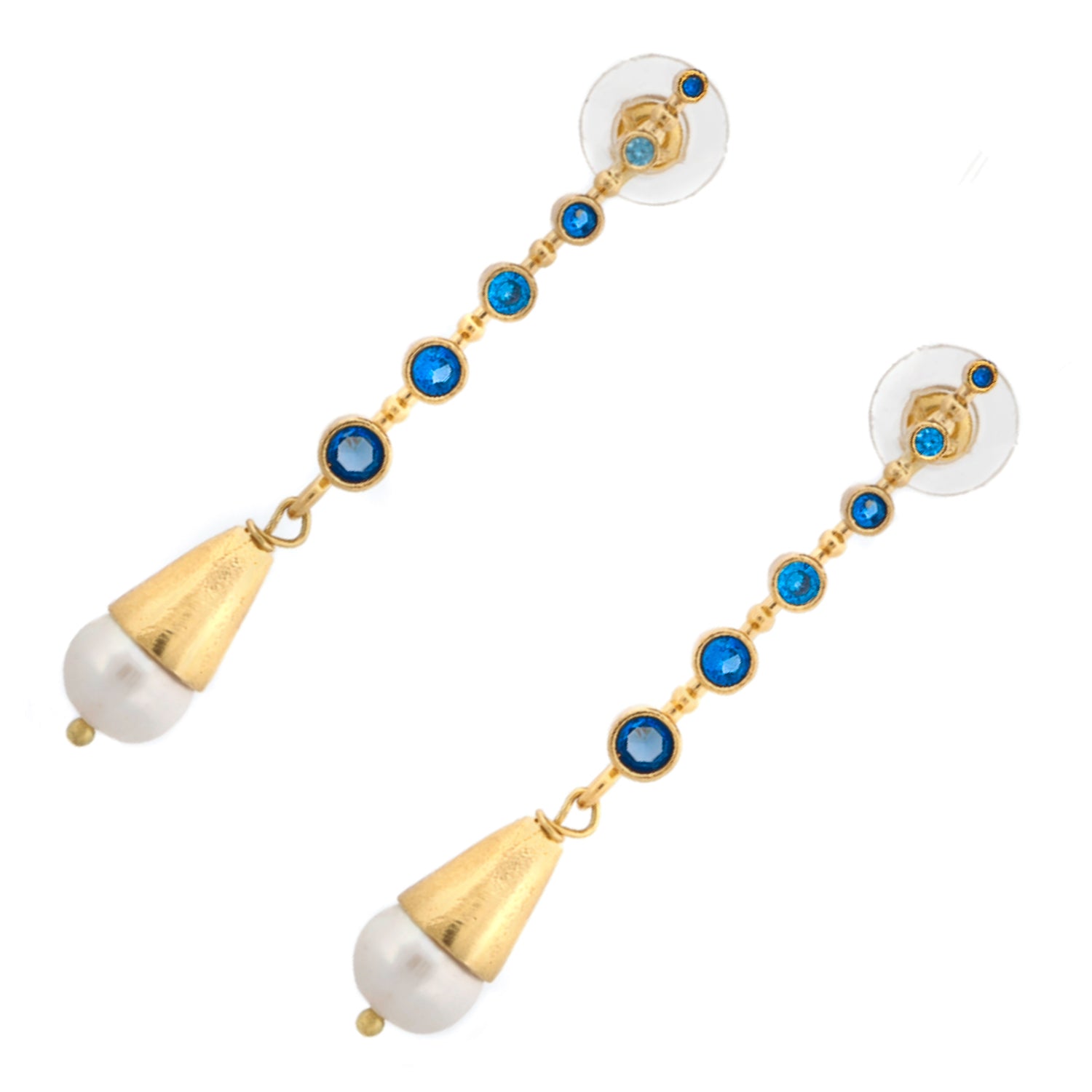 Bohemian-inspired drop earrings with sparkling blue stones and elegant pearl accents

