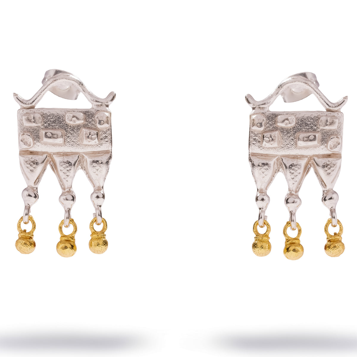 Mystic Temple Two Tone Silver Statement Earrings, front view: textured silver plate under a curved crest, three drops with gold plated beads