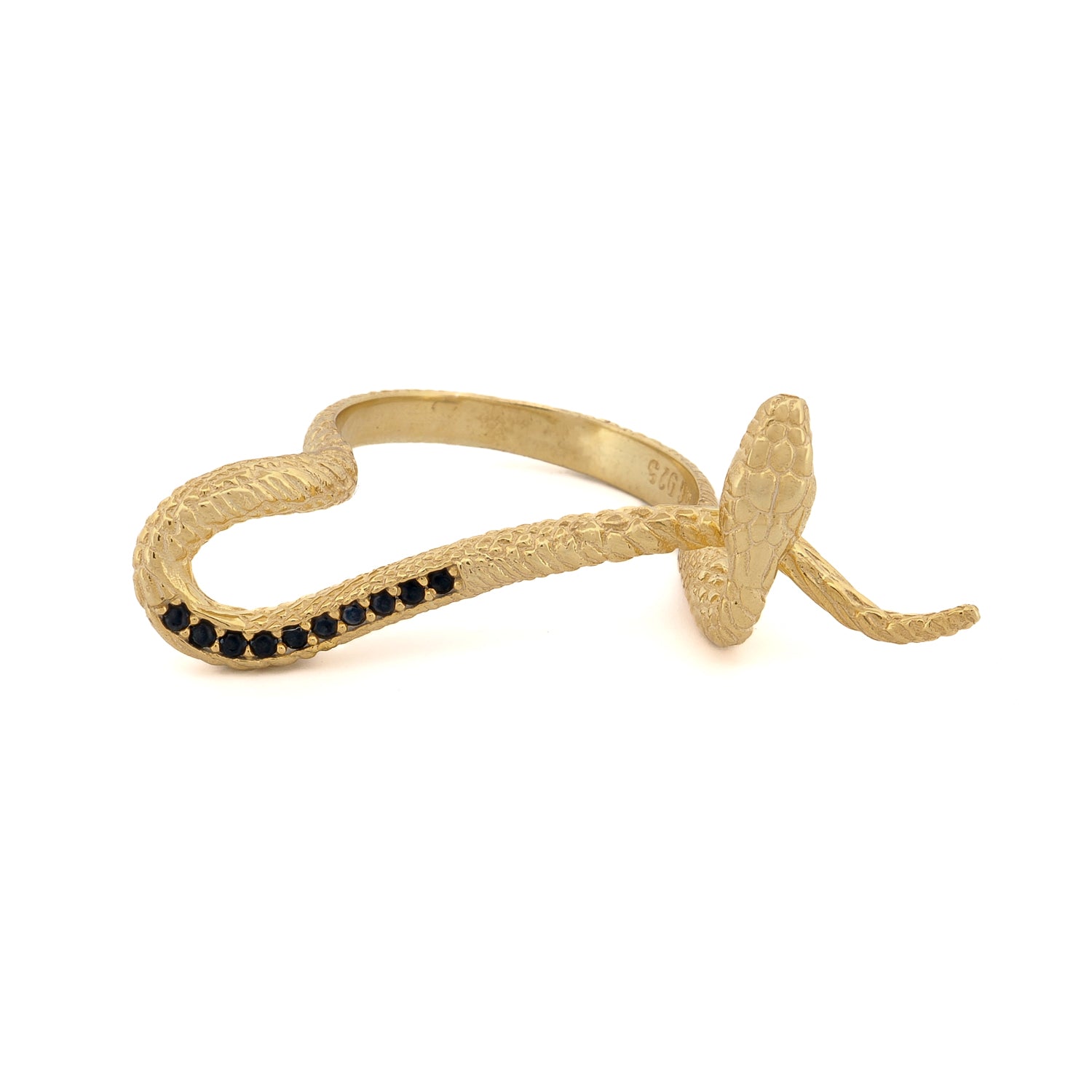 Mythology Snake Gold Vermeil Ring featuring a snake motif adorned with Cz black diamonds on an 18K gold-plated band.
