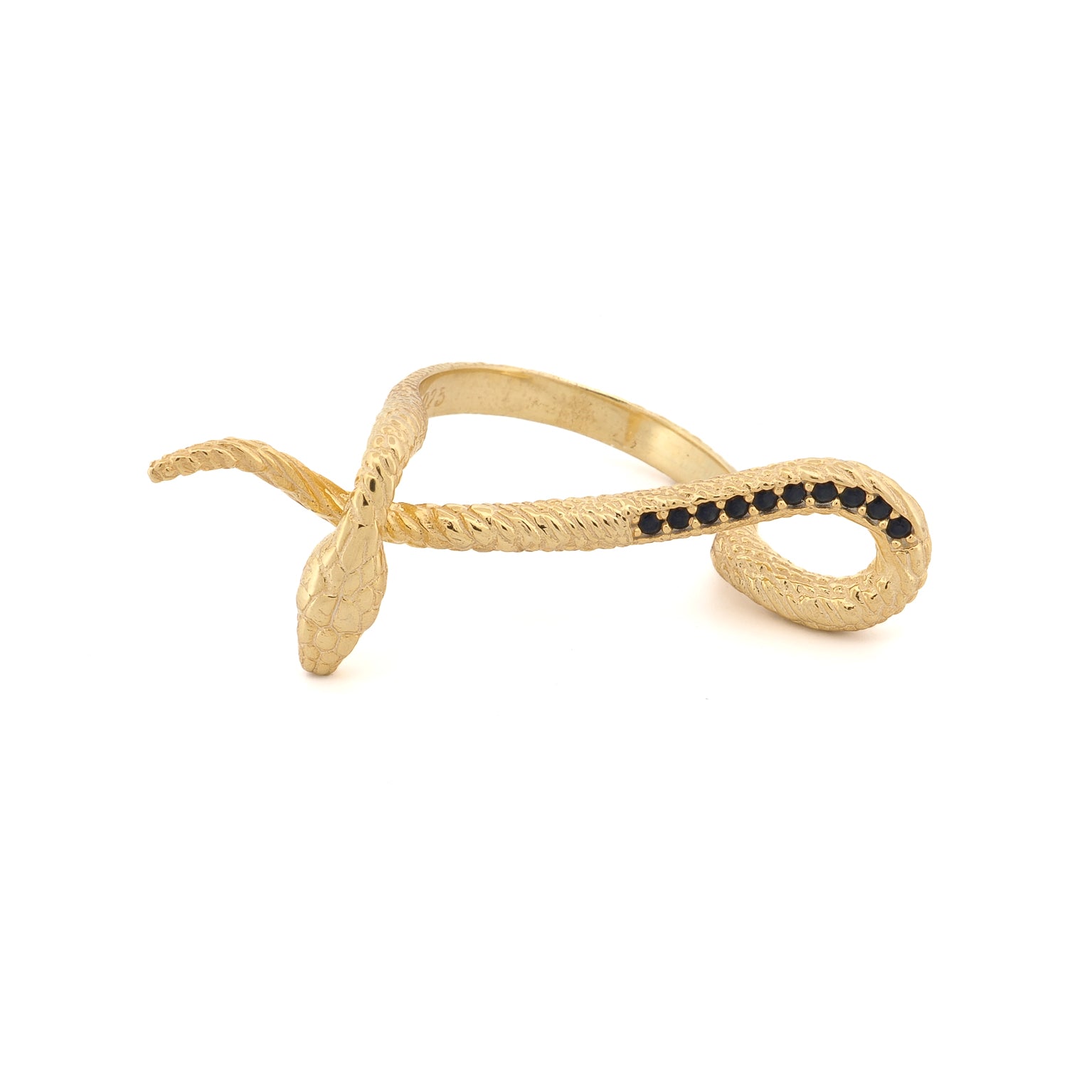 Adjustable 18K gold-plated snake ring with black Cz diamonds, symbolizing transformation and wisdom.
