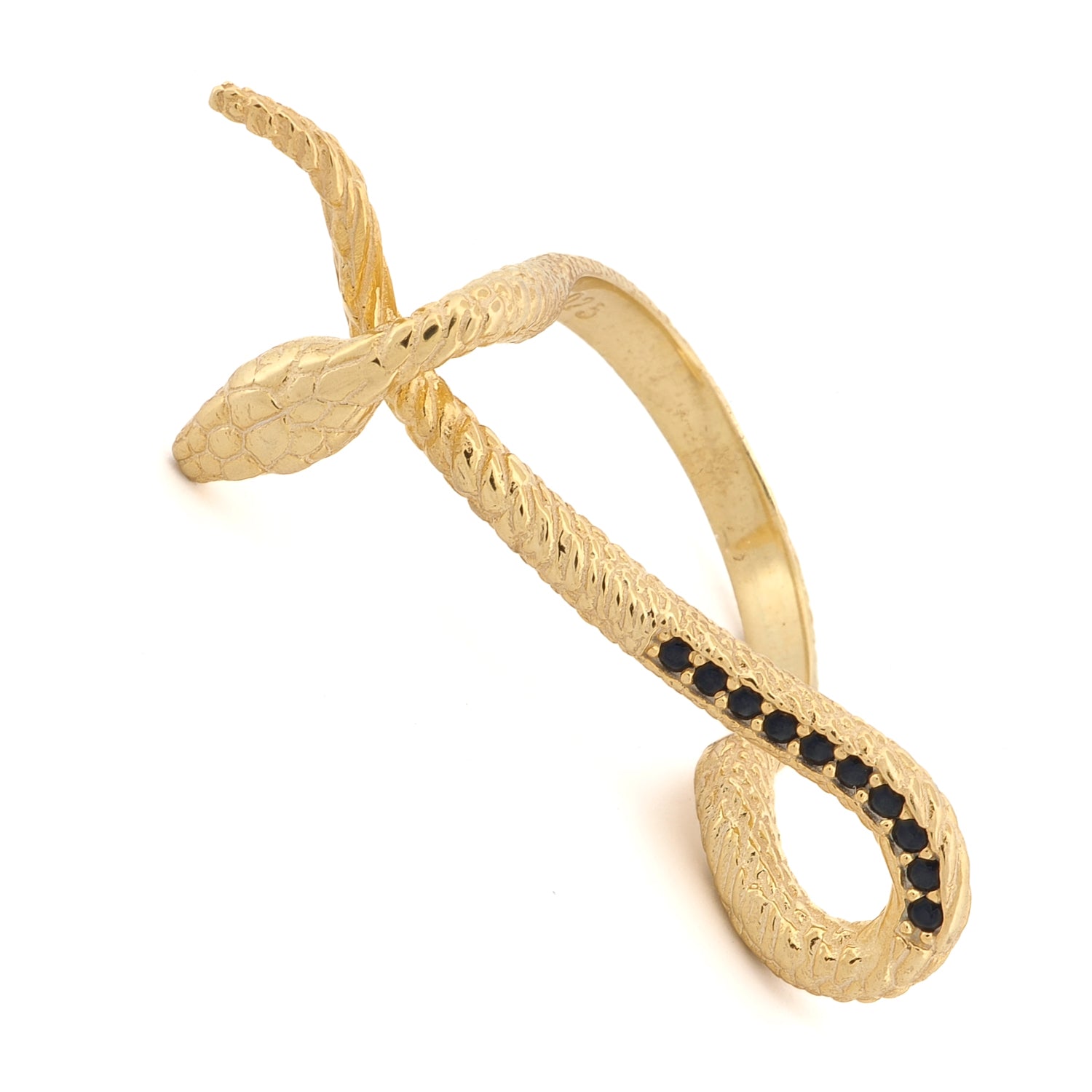 Chic and symbolic snake ring plated in 18K gold with sleek black diamond details for modern elegance.
