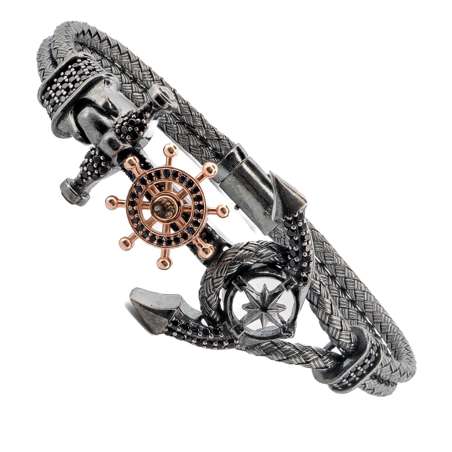 Men’s bracelet with woven black diamond details and a silver anchor charm, emphasizing nautical style and bold elegance.
