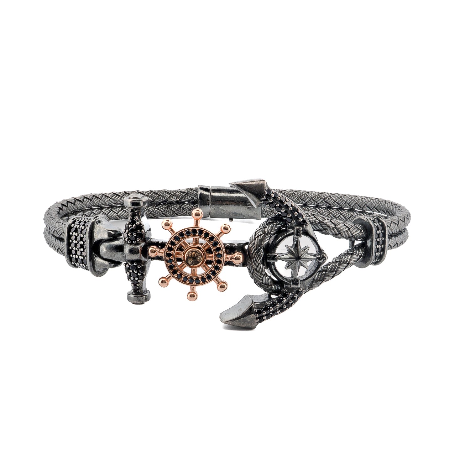 Men’s bracelet with black diamond accents, featuring a nautical anchor charm and woven, bold, contemporary design.