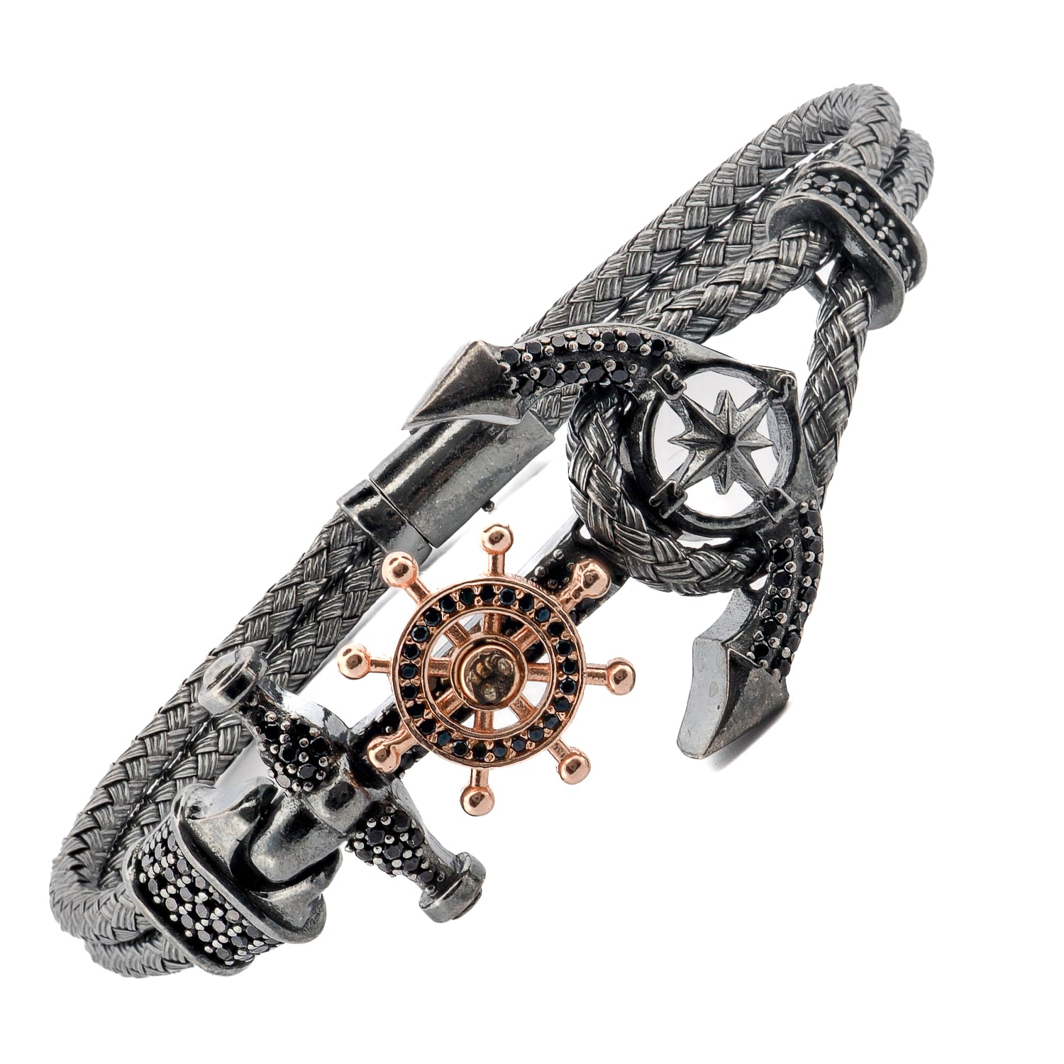 Navigator’s Anchor men’s bracelet with black diamond accents and a silver anchor charm, featuring a modern woven design.