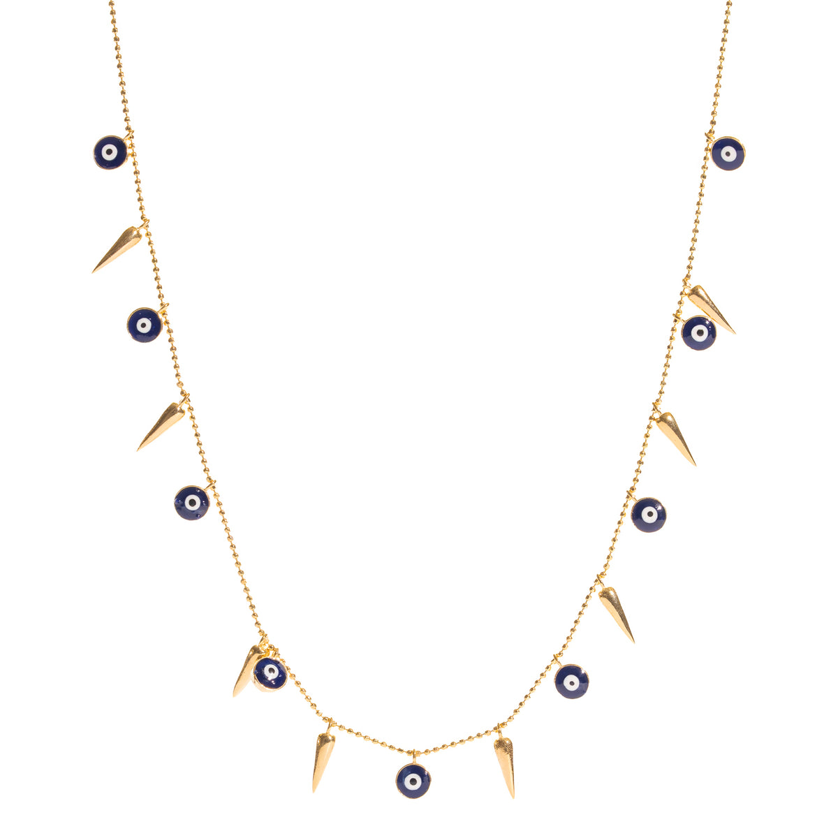 Navy Blue Evil Eye & Gold Spike Charm Necklace laid out in full on white