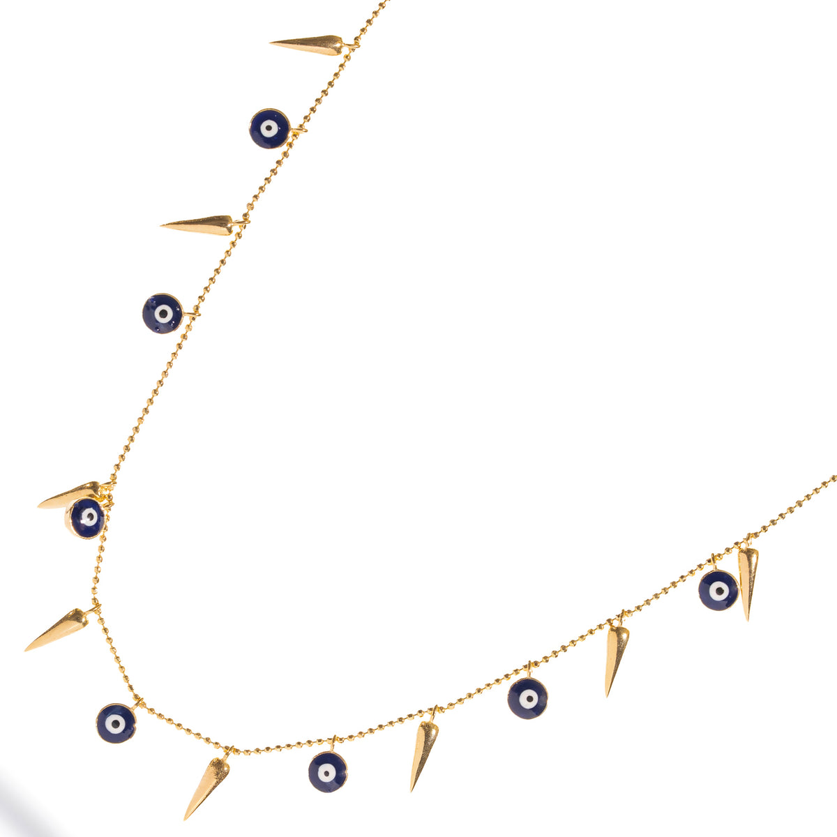 Navy blue enamel evil eye charms and polished gold spikes on a fine gold bead chain, shown at an angle