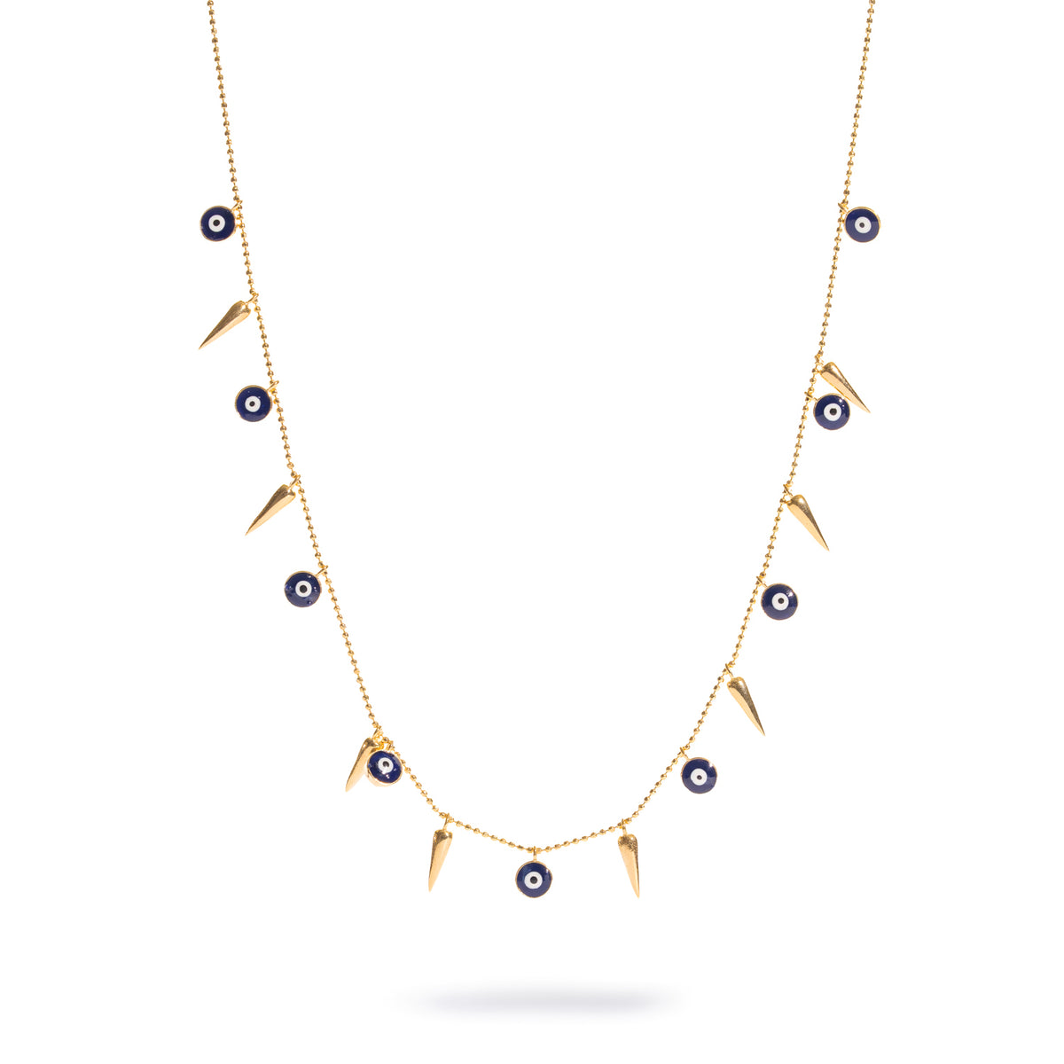 Navy Blue Evil Eye & Gold Spike Charm Necklace, front view of navy enamel evil eyes alternating with gold spikes on a bead chain