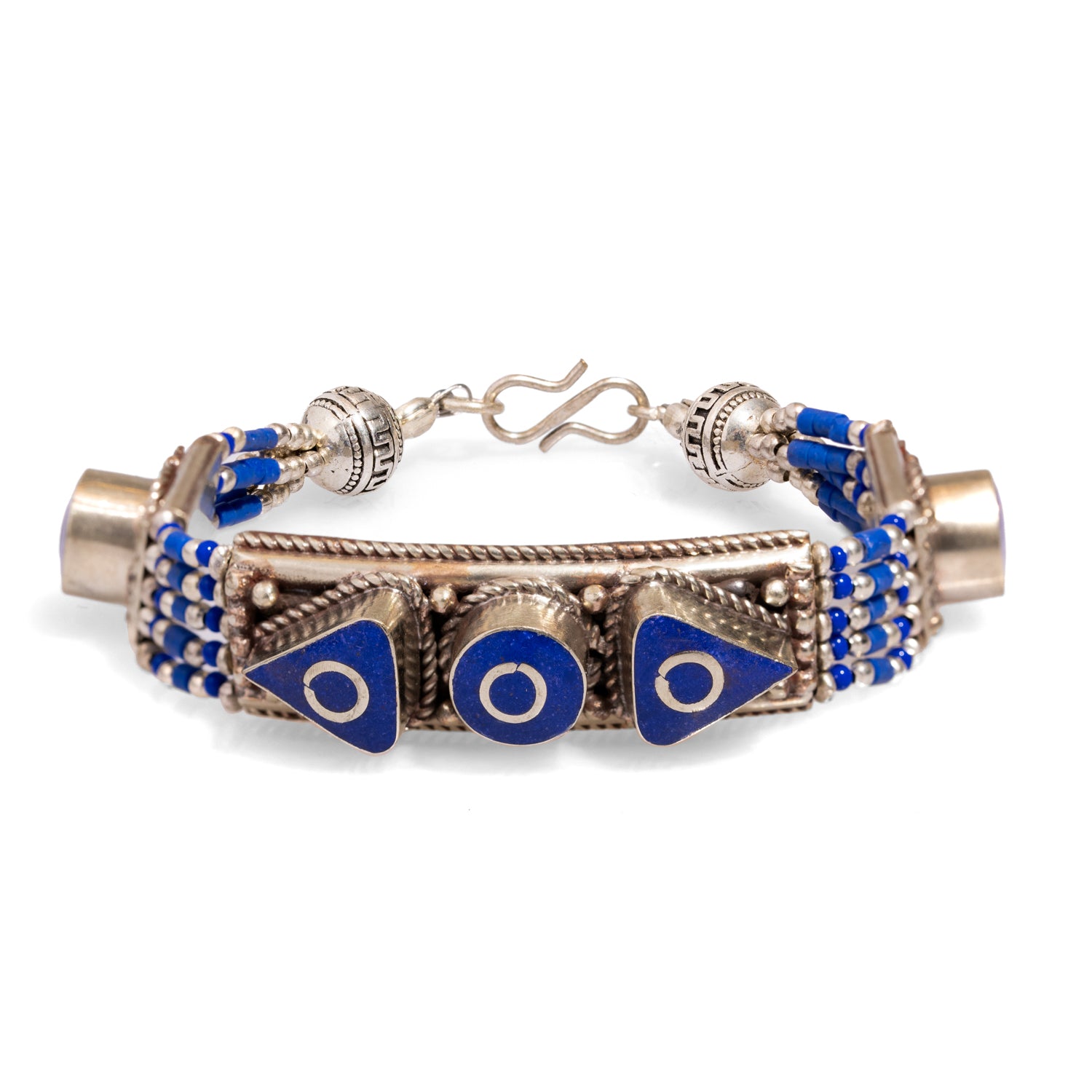 Nepal Design Lapis Lazuli & Silver Bohemian Bracelet with intricate geometric patterns and vibrant turquoise inlays.
