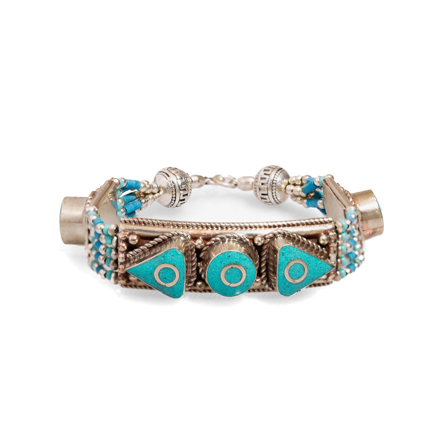 Nepal Design Turquoise & Silver Bohemian Bracelet with intricate geometric patterns and vibrant turquoise inlays.