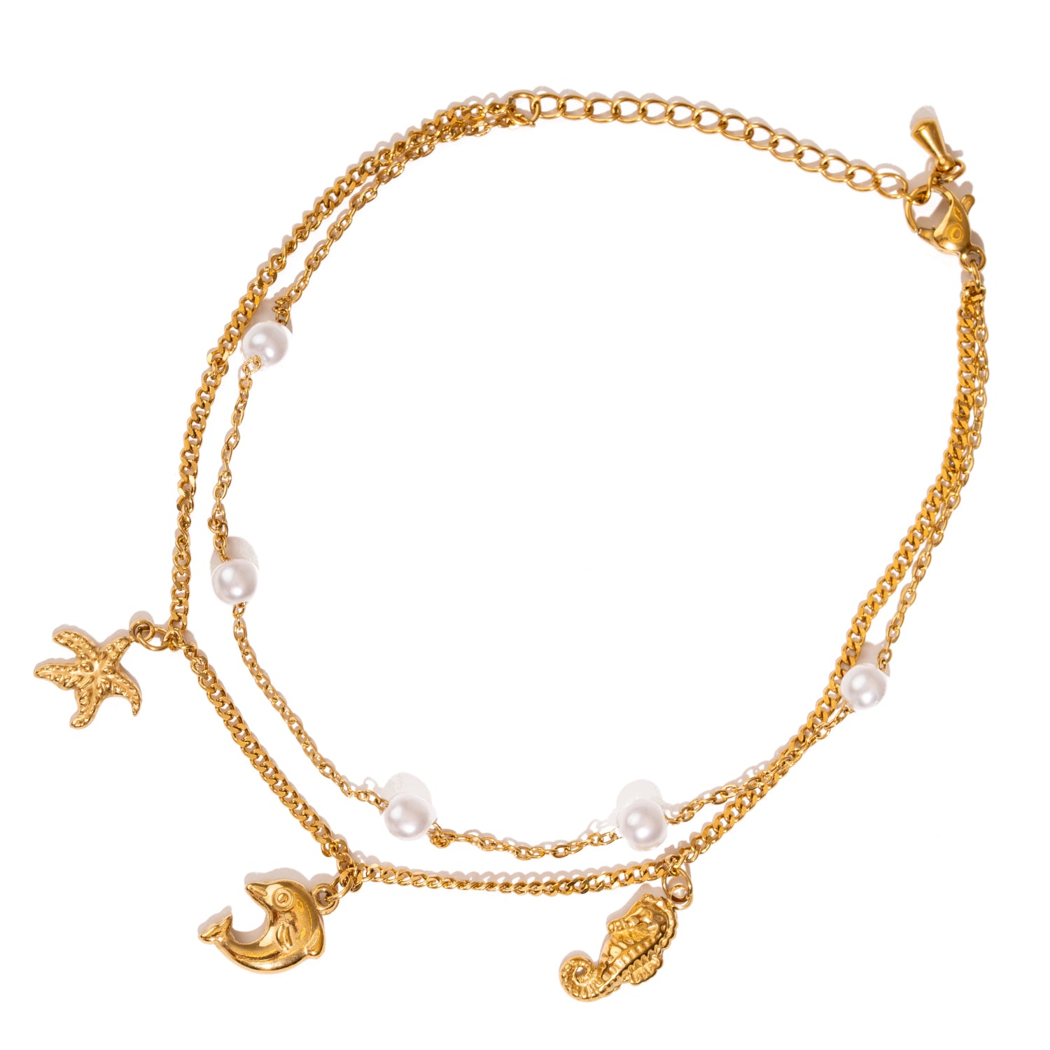 Ocean-themed gold anklet with freshwater pearls and sea creature charms
