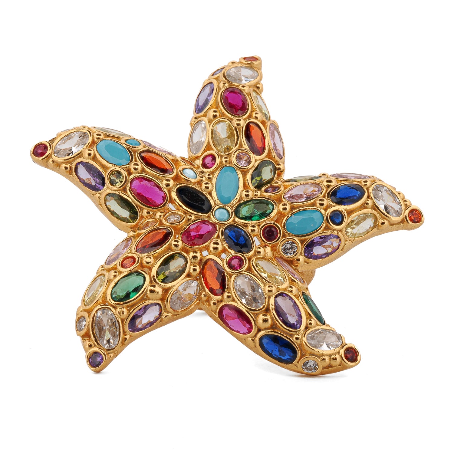 24K gold plated adjustable starfish ring with multicolor gemstones and chunky ocean-inspired design.