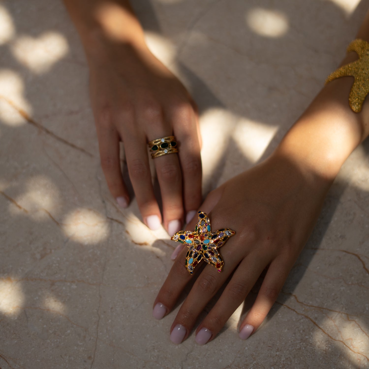 Ocean Goddess Multicolor Starfish Gold Adjustable Ring