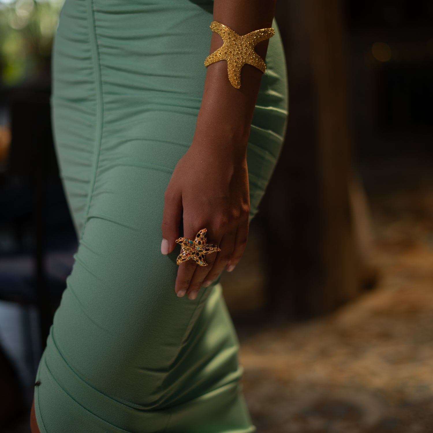 Ocean Goddess Multicolor Starfish Gold Adjustable Ring