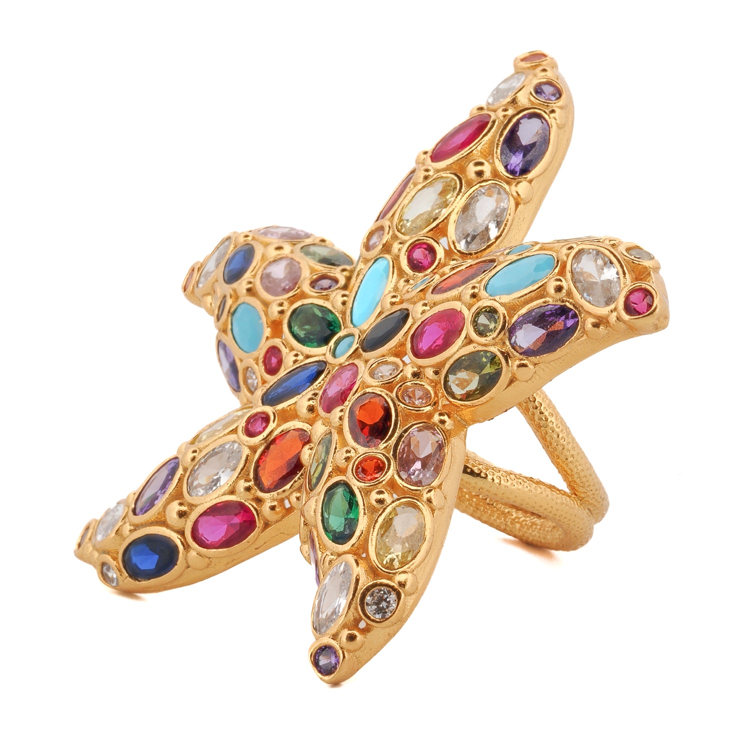 Ocean Goddess Multicolor Starfish Gold Adjustable Ring