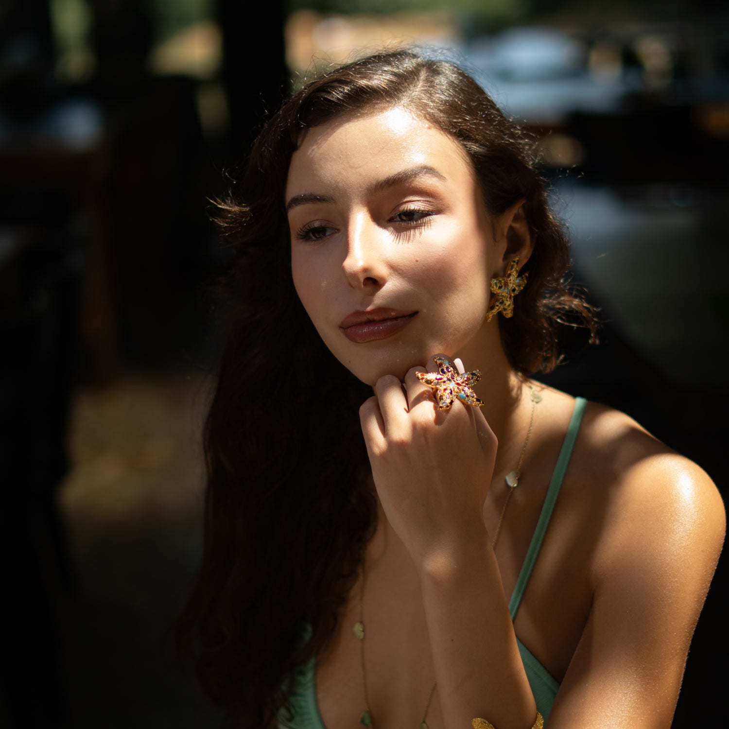 Ocean Goddess Multicolor Starfish Gold Adjustable Ring