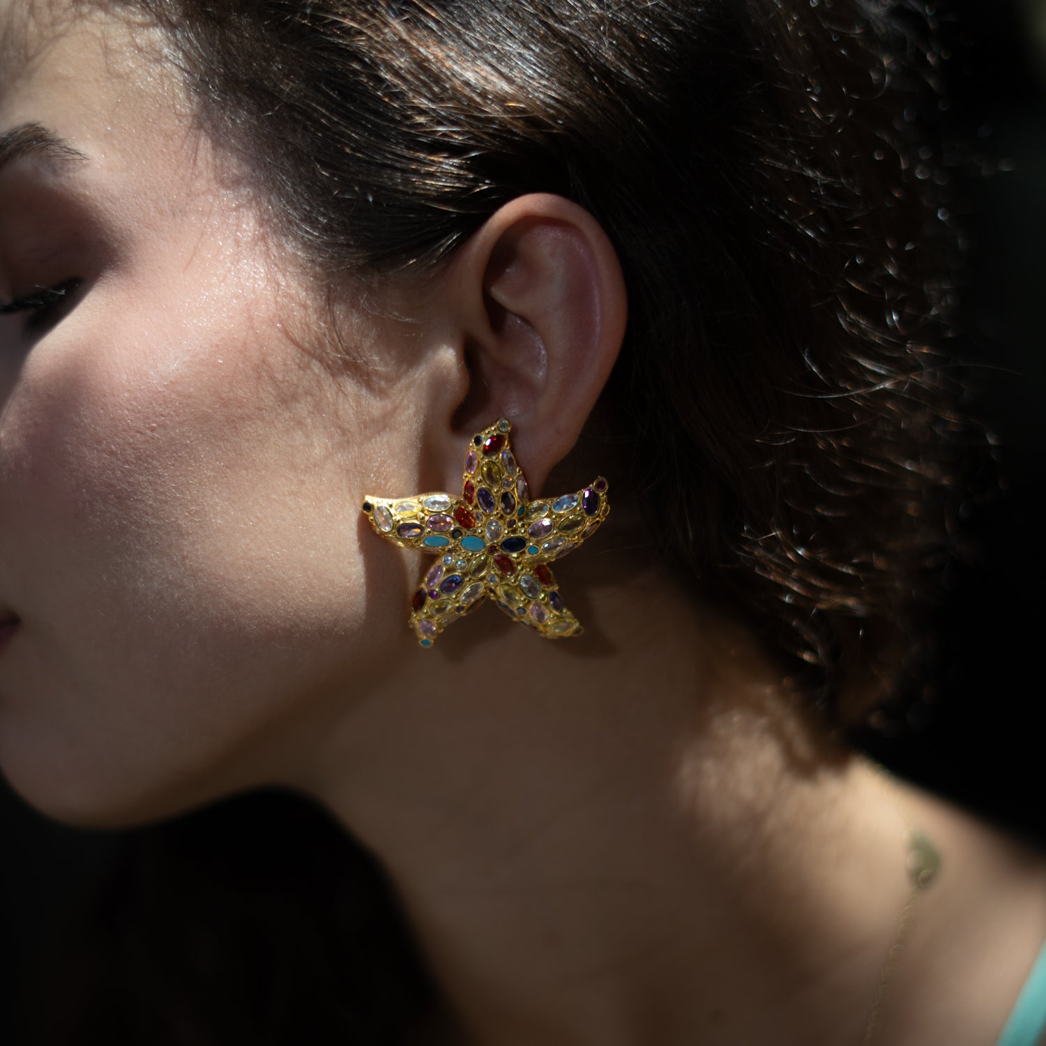 Ocean Goddess Multicolor Starfish Gold Chunky Earrings